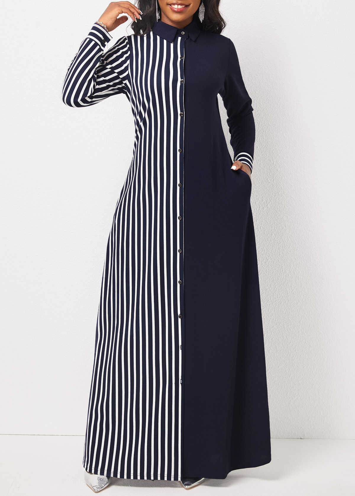 Striped Pocket H Shape Maxi Dress