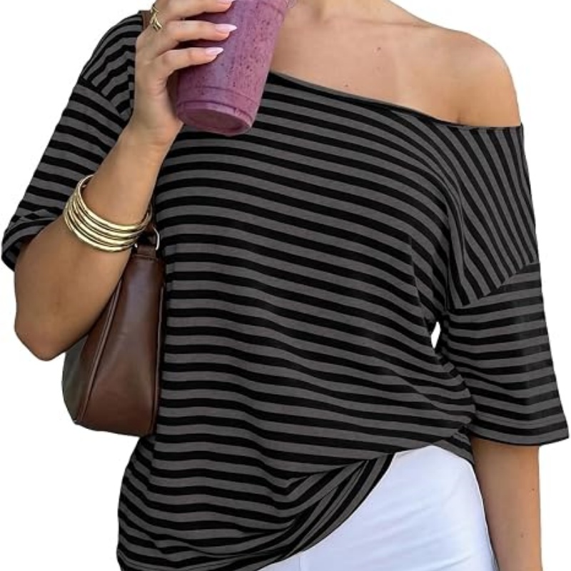 Women Oversized Off Shoulder Striped Tee Tops Y2K Aesthetic Clean Fit Short Sleeve Tshirt Pullover Preppy Going Out