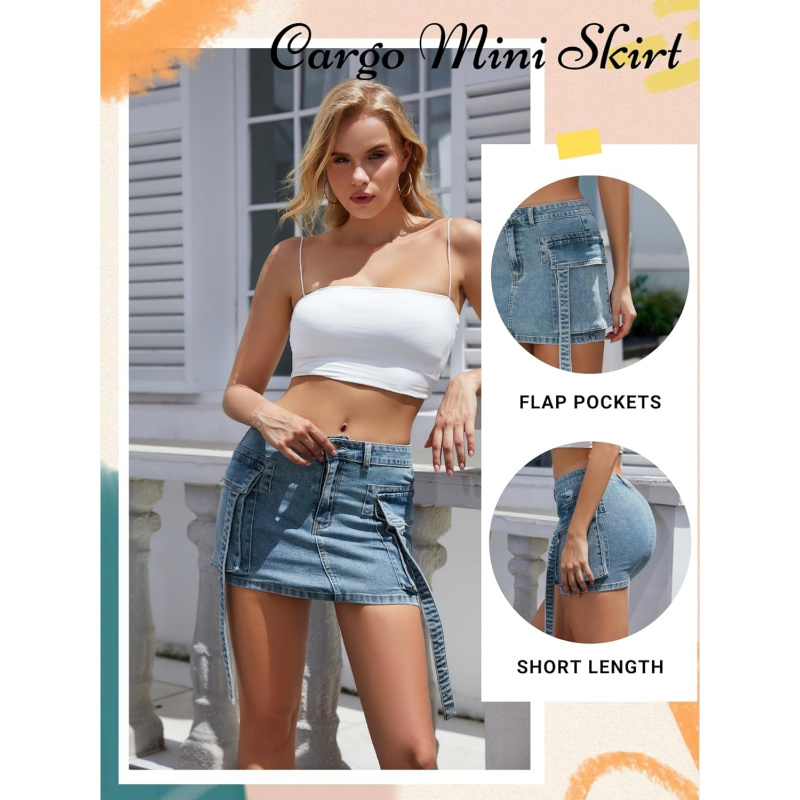 Women Cargo Denim Mini Low Skirt