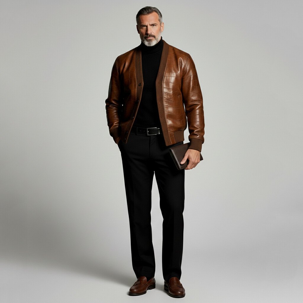 Men's Fashion Crocodile Pattern PU Leather Brown V Neck Long Sleeve Jackets