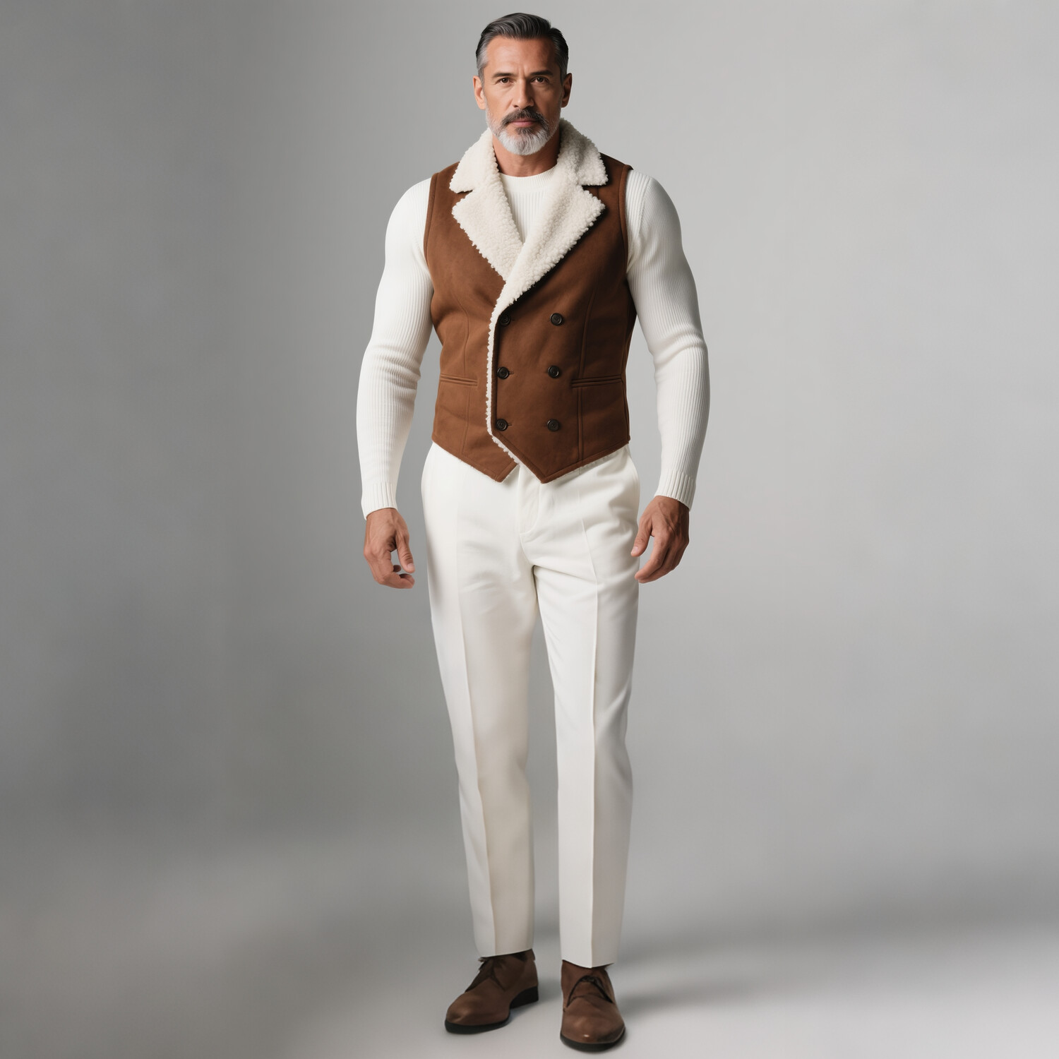 Men's Notch Lapel Fuzzy Lined Double Breasted Sleeveless Suede Vest