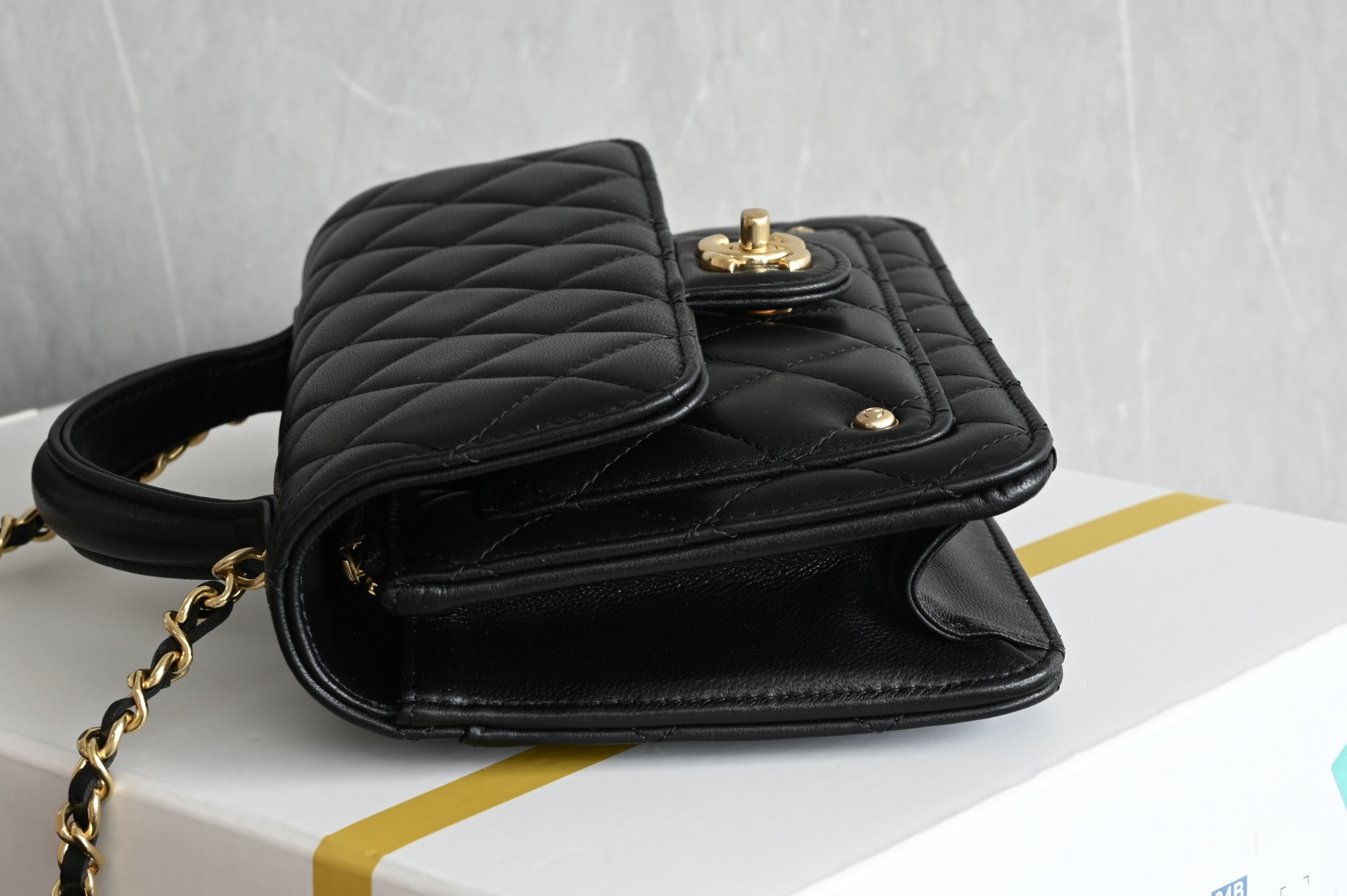 25B Mini Flap Top Handle Messenger Bag in Black Shiny Lambskin with Gold-Tone Hardware (Model AS5701) - Mocuir