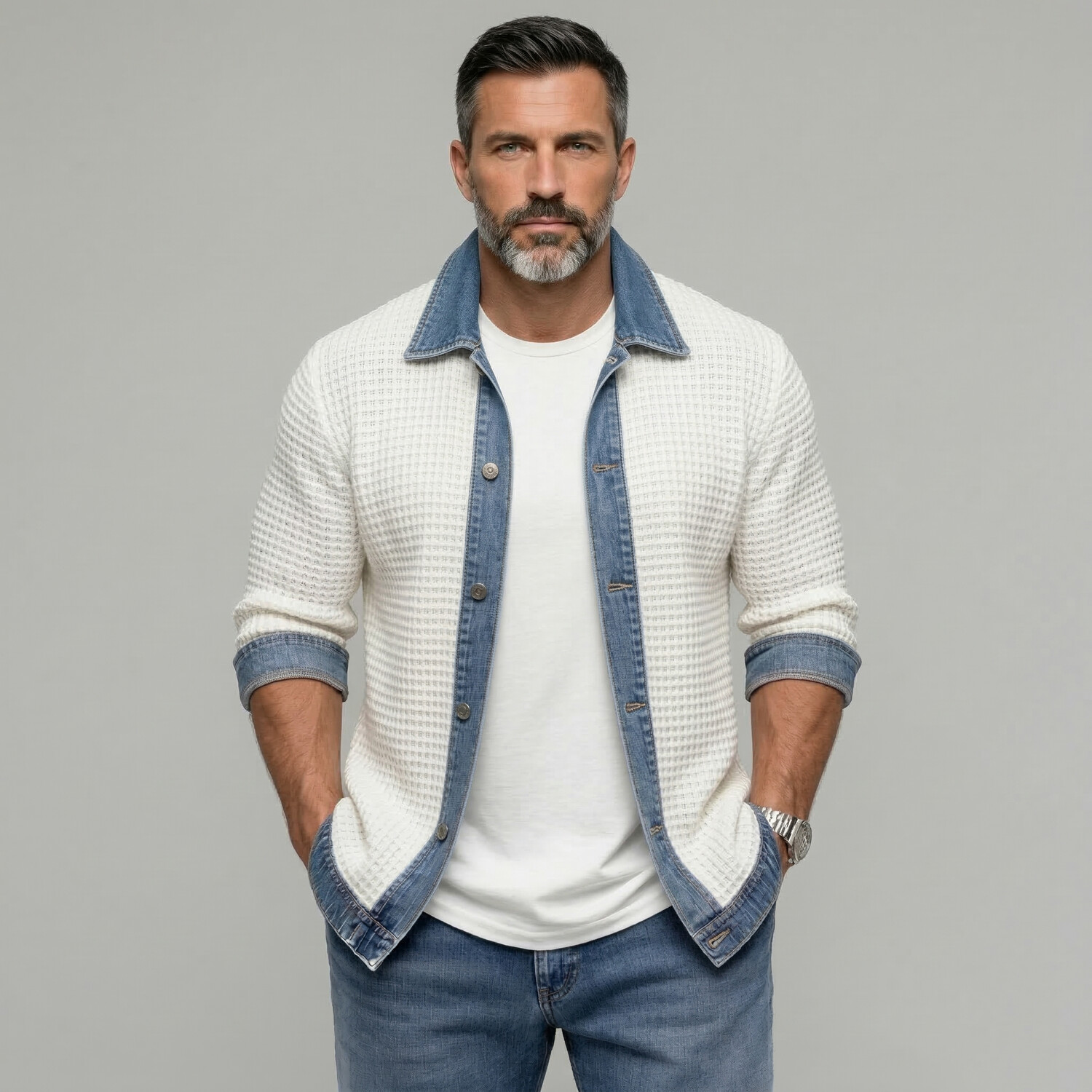 Men's Turndown Collar Denim Patchwork Waffle Button Up Long Sleeve Shirt Jacket