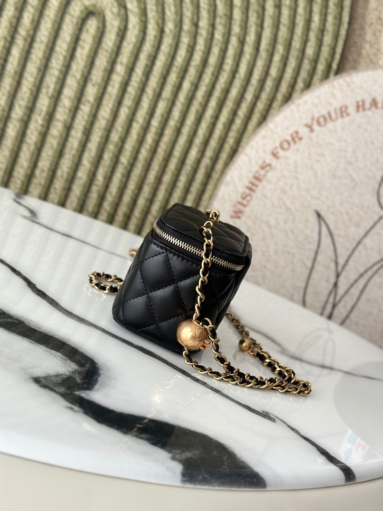 Mini Square Vanity Case with Adjustable Ball Chain in Black Quilted Lambskin with Gold-Tone Hardware - Mocuir