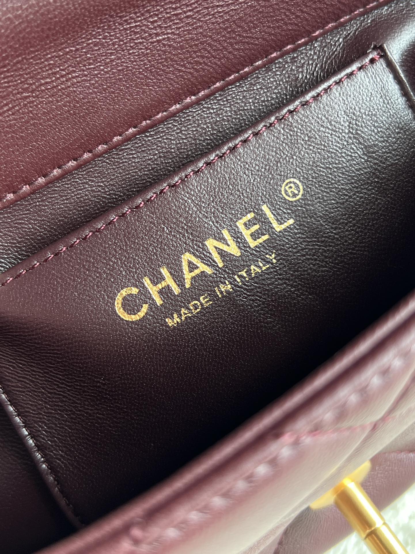 24A Mini Classic Flap Bag in Burgundy Quilted Lambskin with Pearl & Crystal CHANEL Letter Chain and Light Gold-Tone Hardware (AS4997) - Mocuir