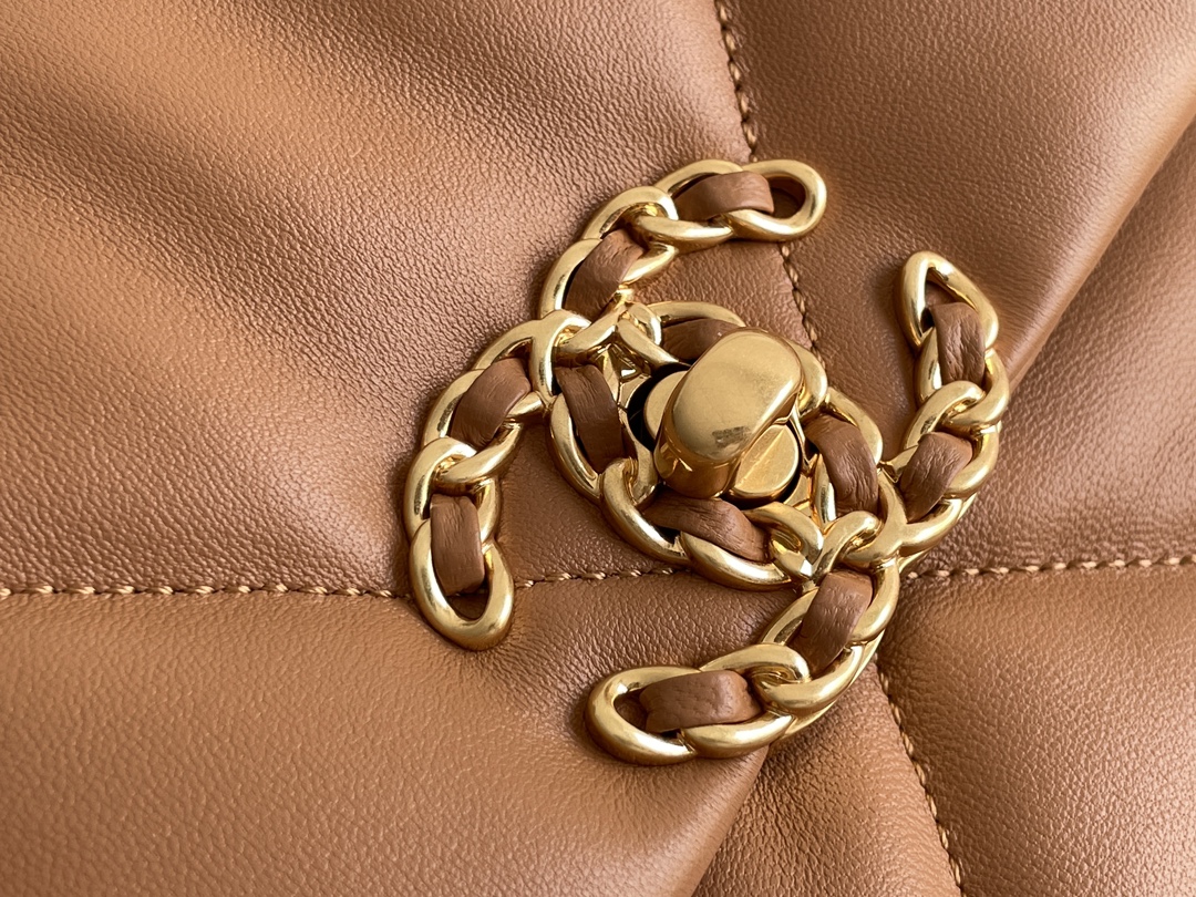 19 Handbag in Caramel Quilted Shiny Lambskin with Gold-Tone, Silver-Tone & Ruthenium-Finish Metal (Model AS1160) - Mocuir