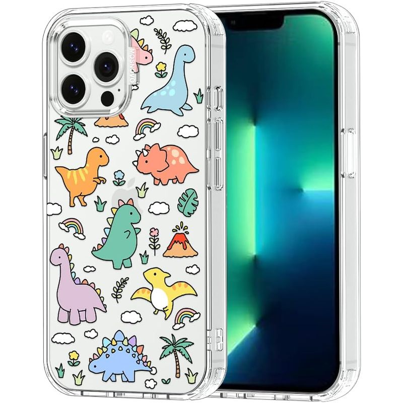 Case for iPhone 13 Pro Max, [Buffertech 6.6ft Military-Grade Drop Protection] [Anti Peel Off Tech] Clear TPU Bumper Phone Case Cover Design - Dinosaur Land