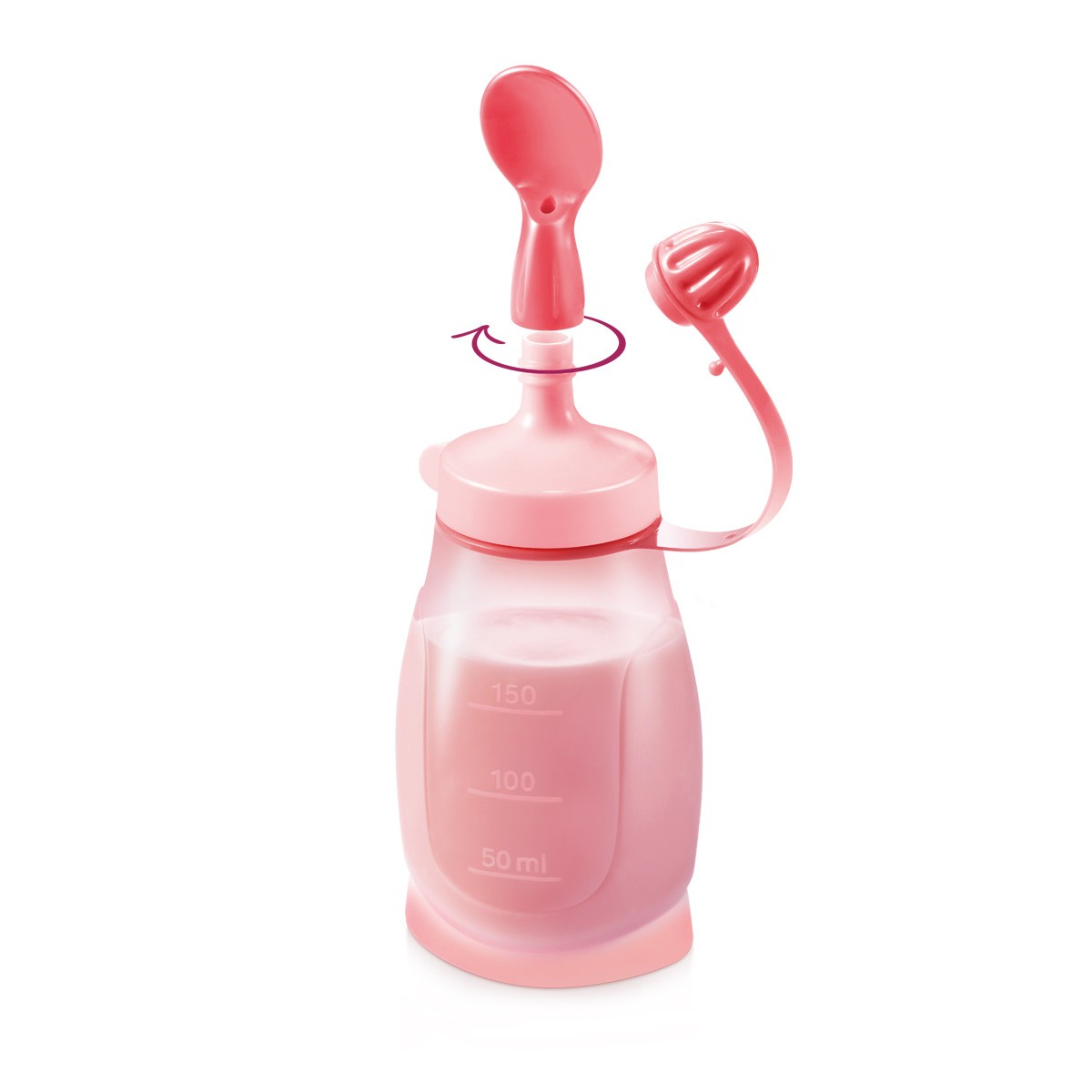 Pružná láhev PAPU PAPI 200 ml, se lžičkou, růžová
