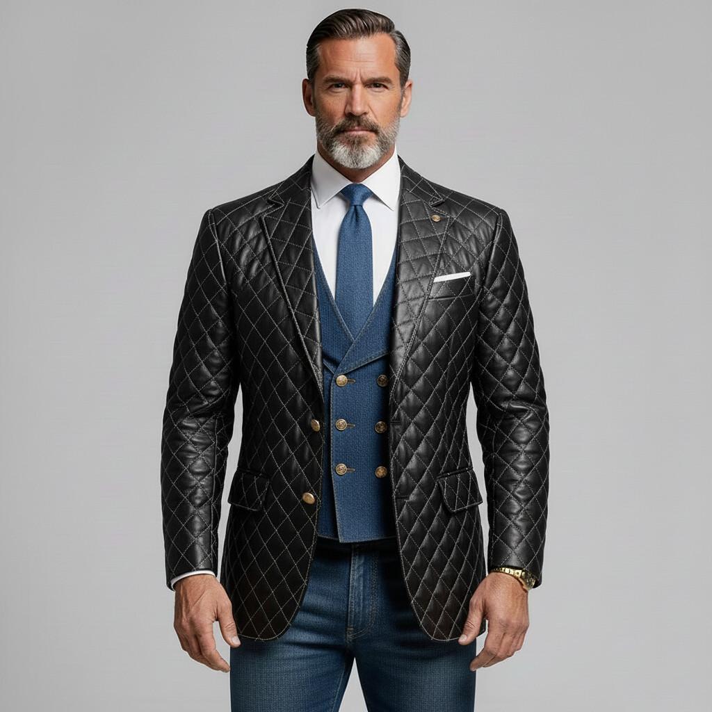 Men's Business Black Notch Lapel Long Sleeve Button Quilted PU Leather Blazer