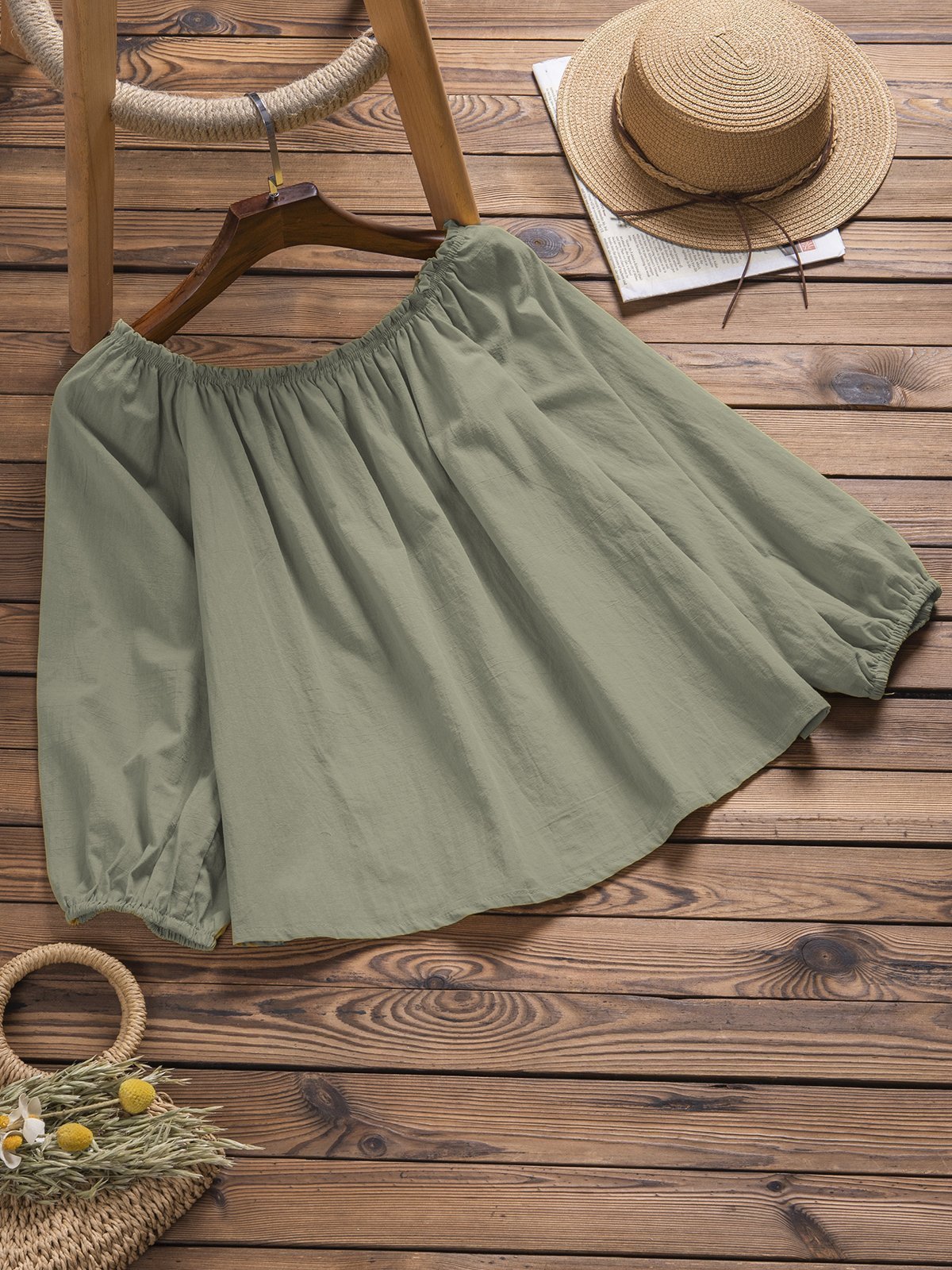 Casual Off Shoulder Long Sleeve Solid Shirts & Tops