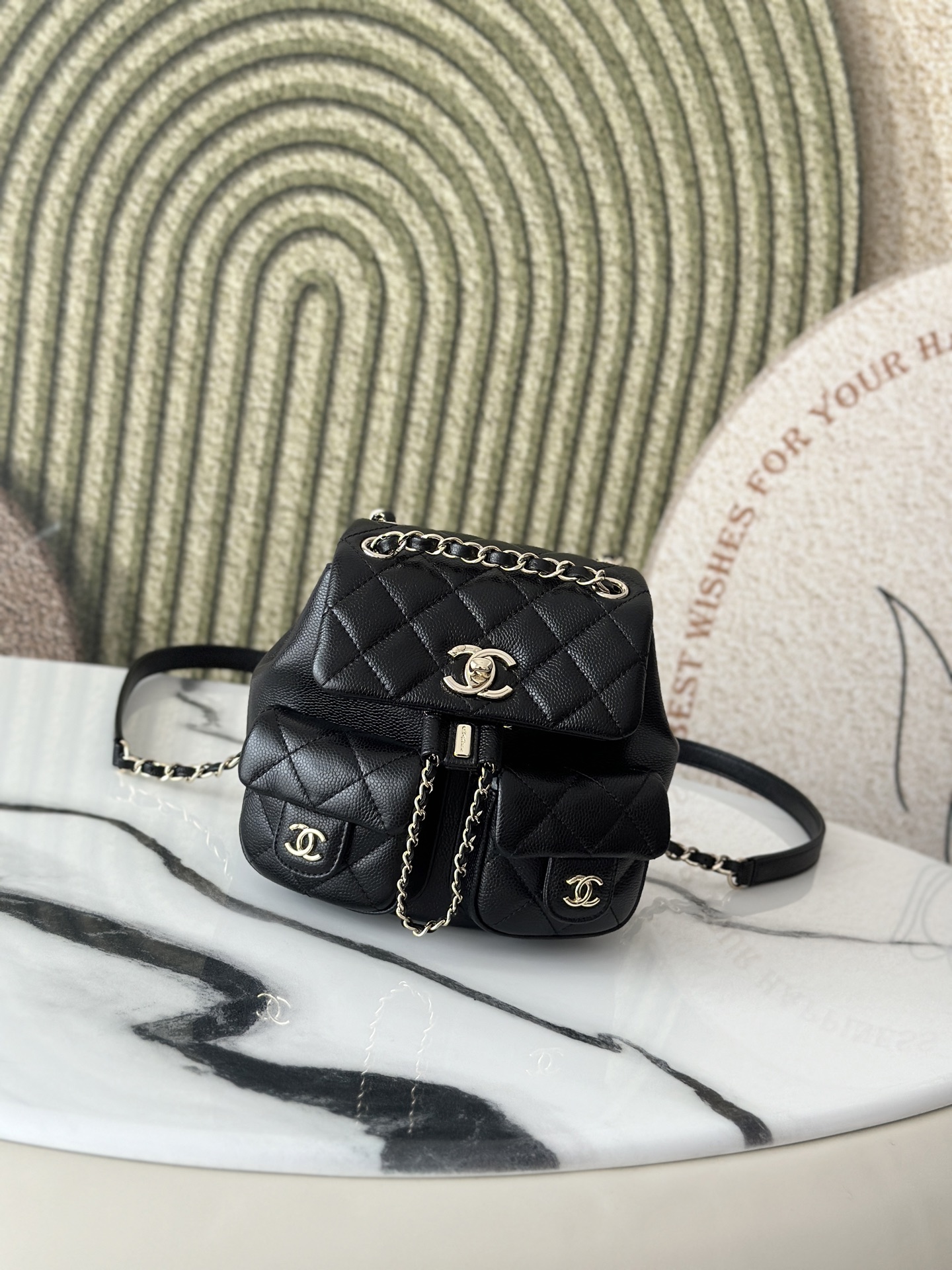 Classic Quilted Multi-Pocket Backpack in Black Caviar Leather with Gold-Tone Hardware - Mocuir