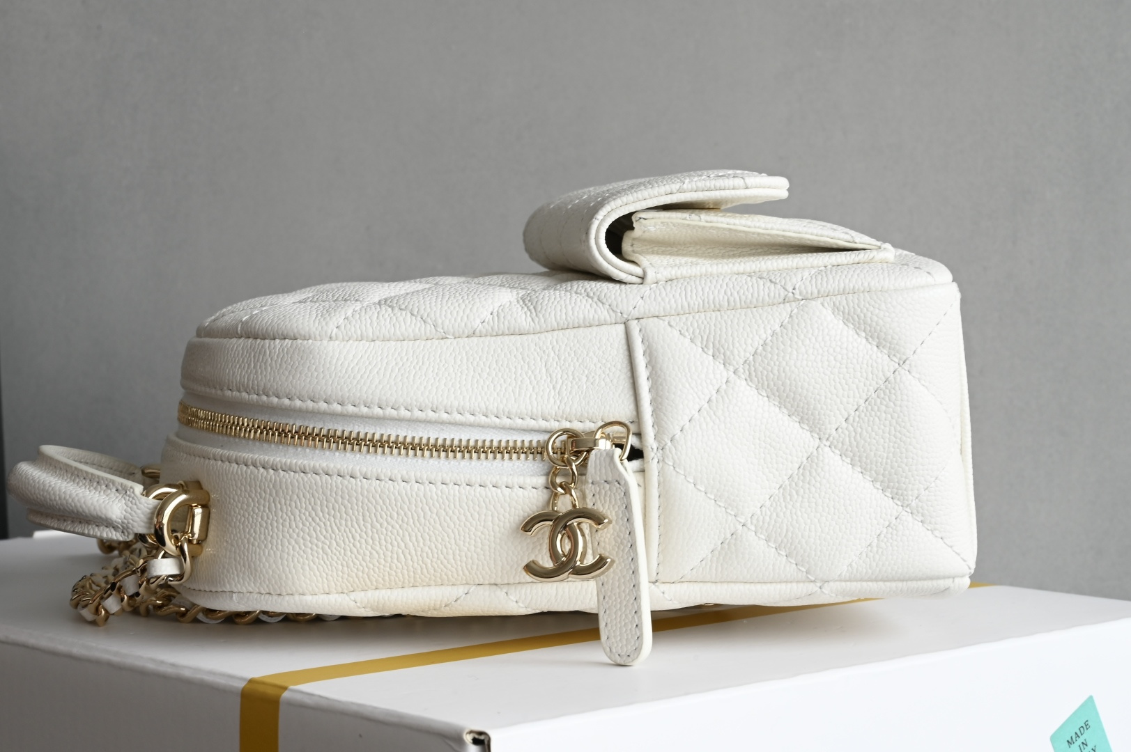 24C Mini Backpack in White Quilted Grained Calfskin (Caviar) with Light Gold-Tone Hardware (Model AP3753) - Mocuir
