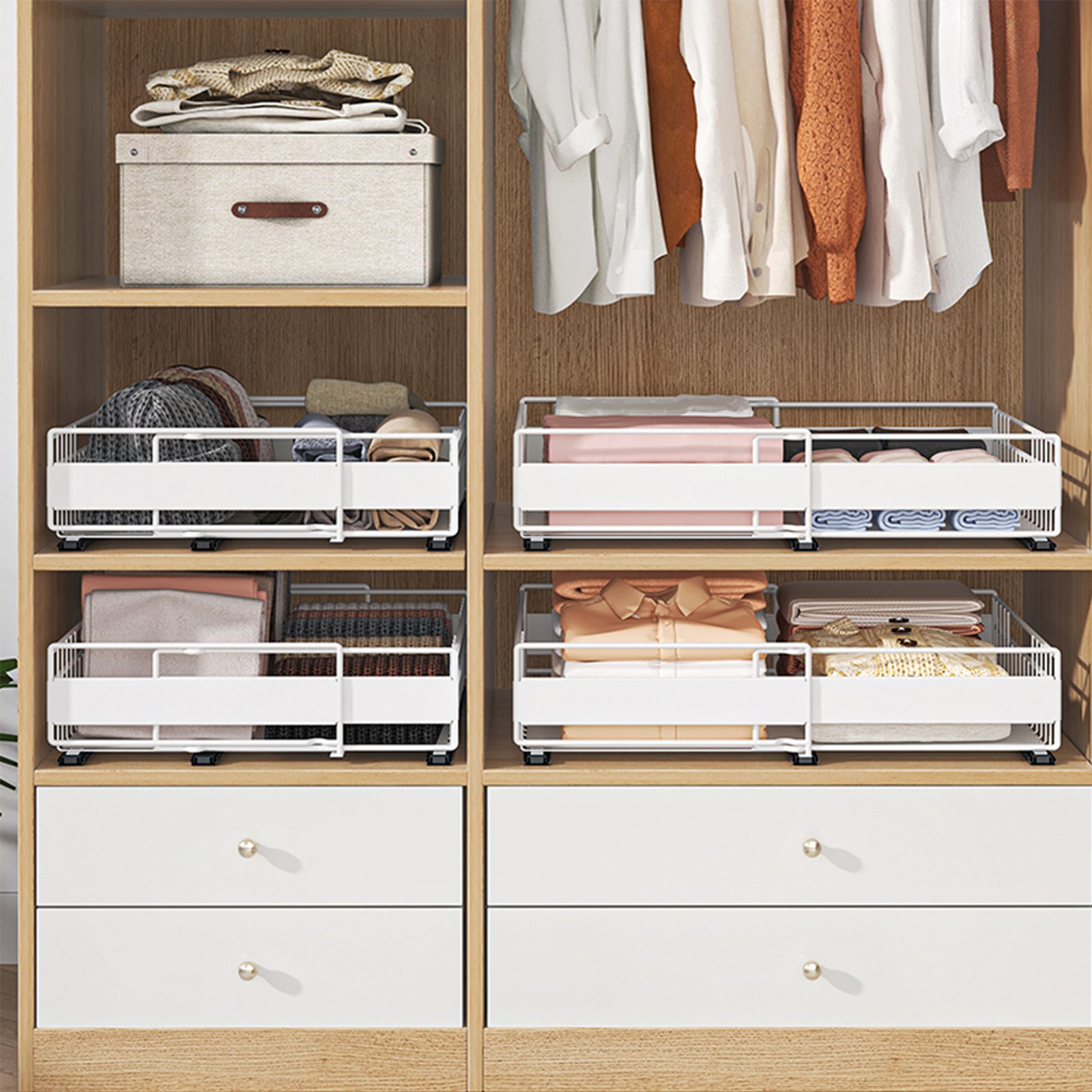 Kitchen Seasoning and Utensil Storage Basket, Extendable Pull-Out Drawer-Style Storage Basket for Cabinets, No-Drill Storage Rack for Wardrobe