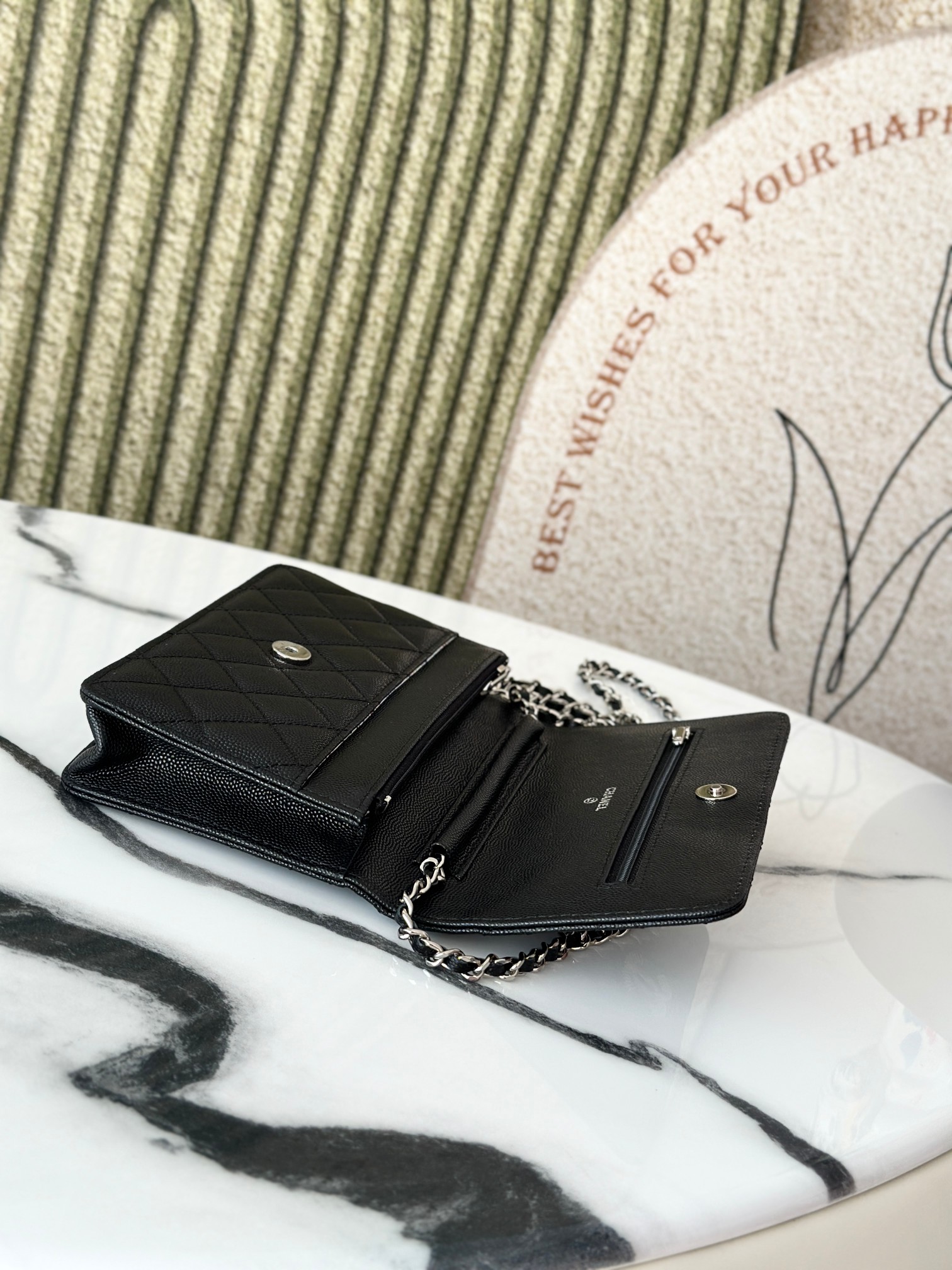 Wallet on Chain (WOC) 25C Collection in Black Quilted Caviar Leather with Brushed GoldSilver-Tone Hardware - Mocuir