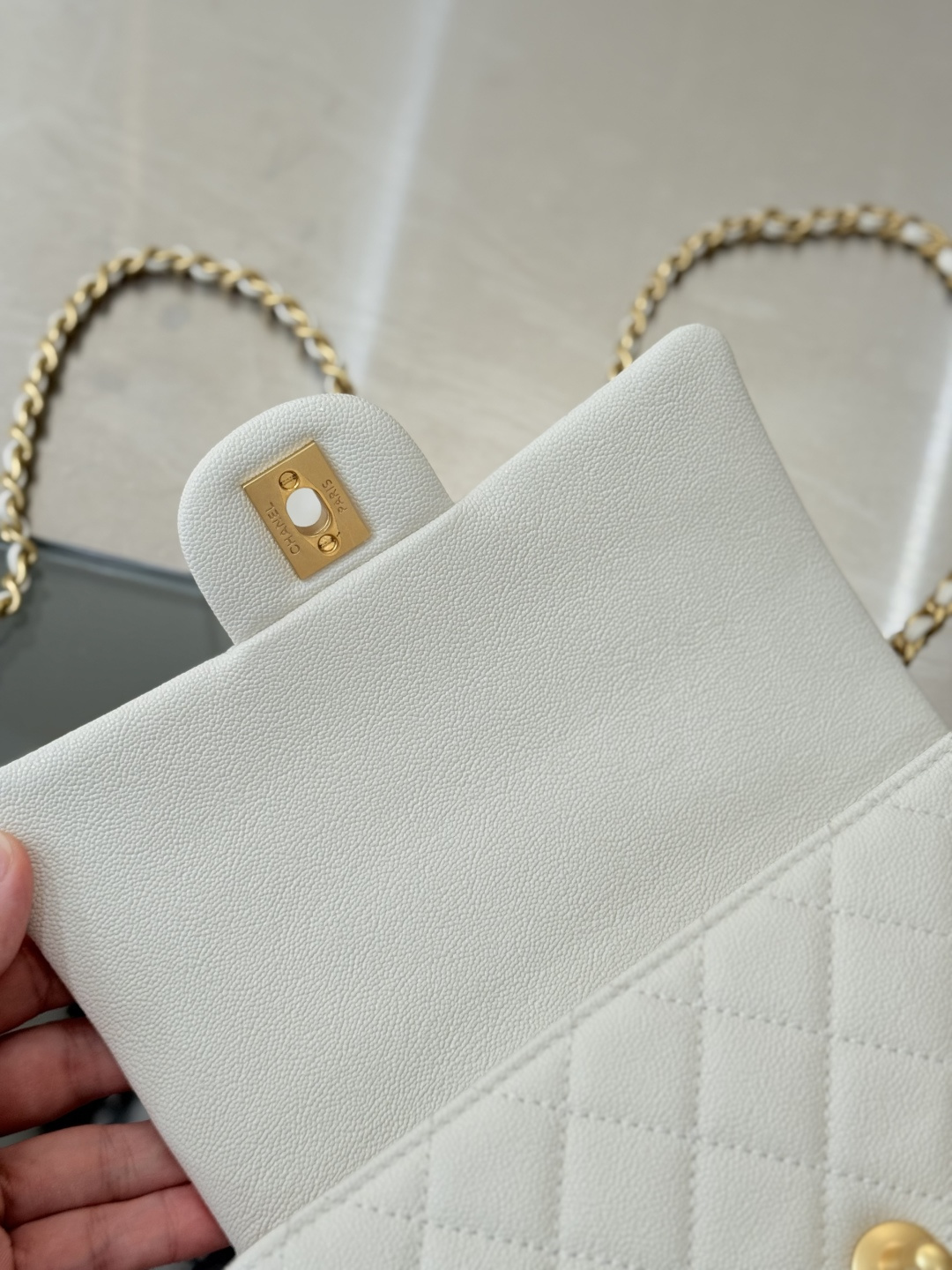 2025C CC Top Handle Small Bag (AS5265) in White Grained Calfskin with Antique Gold-Tone Hardware - Mocuir