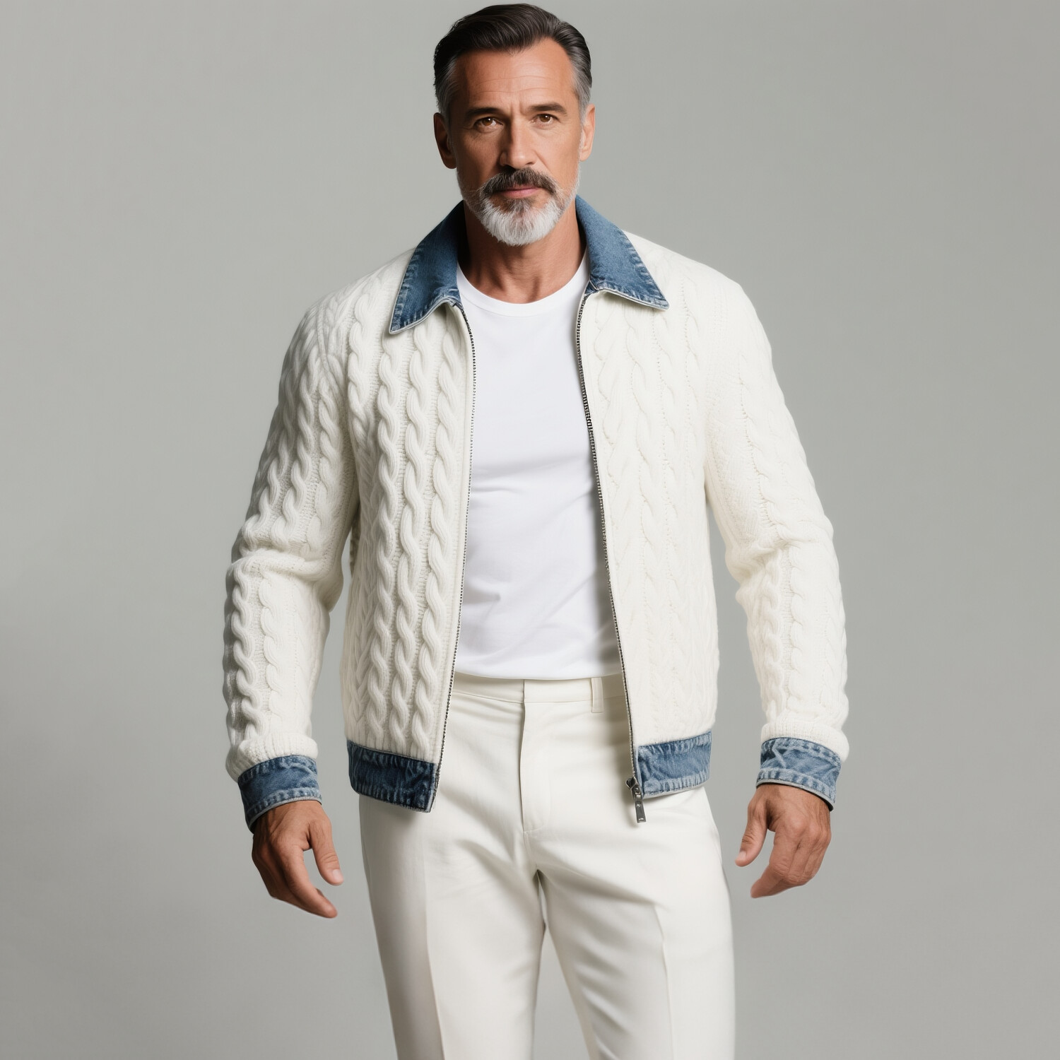 Men's Denim Trim Shirt Collar Long Sleeve Cable Knit Zipper Jacket