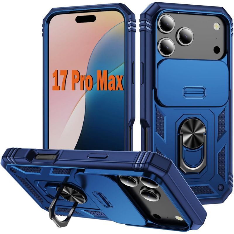 Case for iPhone 17 Pro Max, Kickstand & Camera Cover, Blue