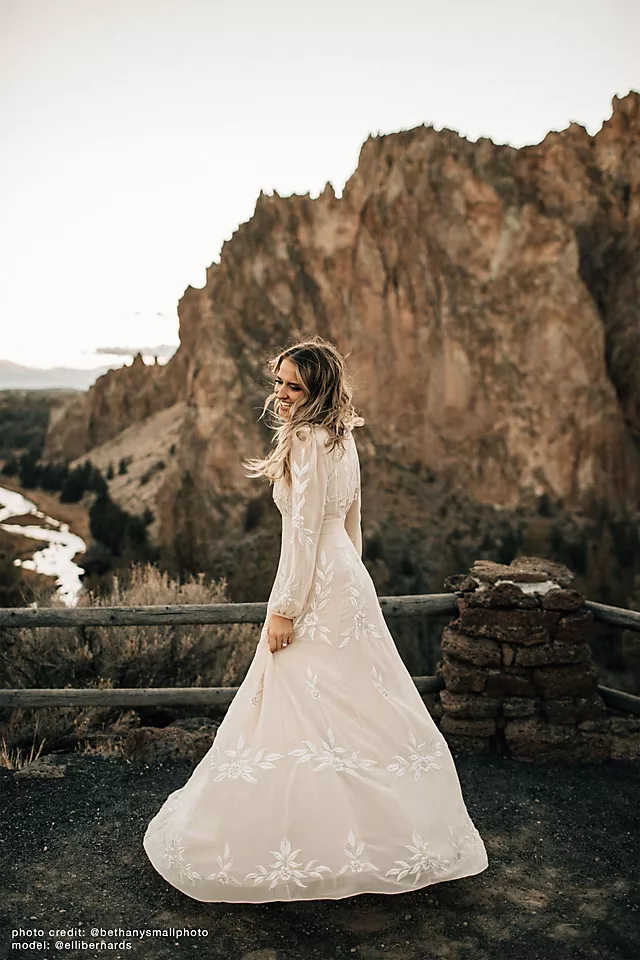 Embroidered A-Line Long-Sleeve V-Neck Gown Champagne