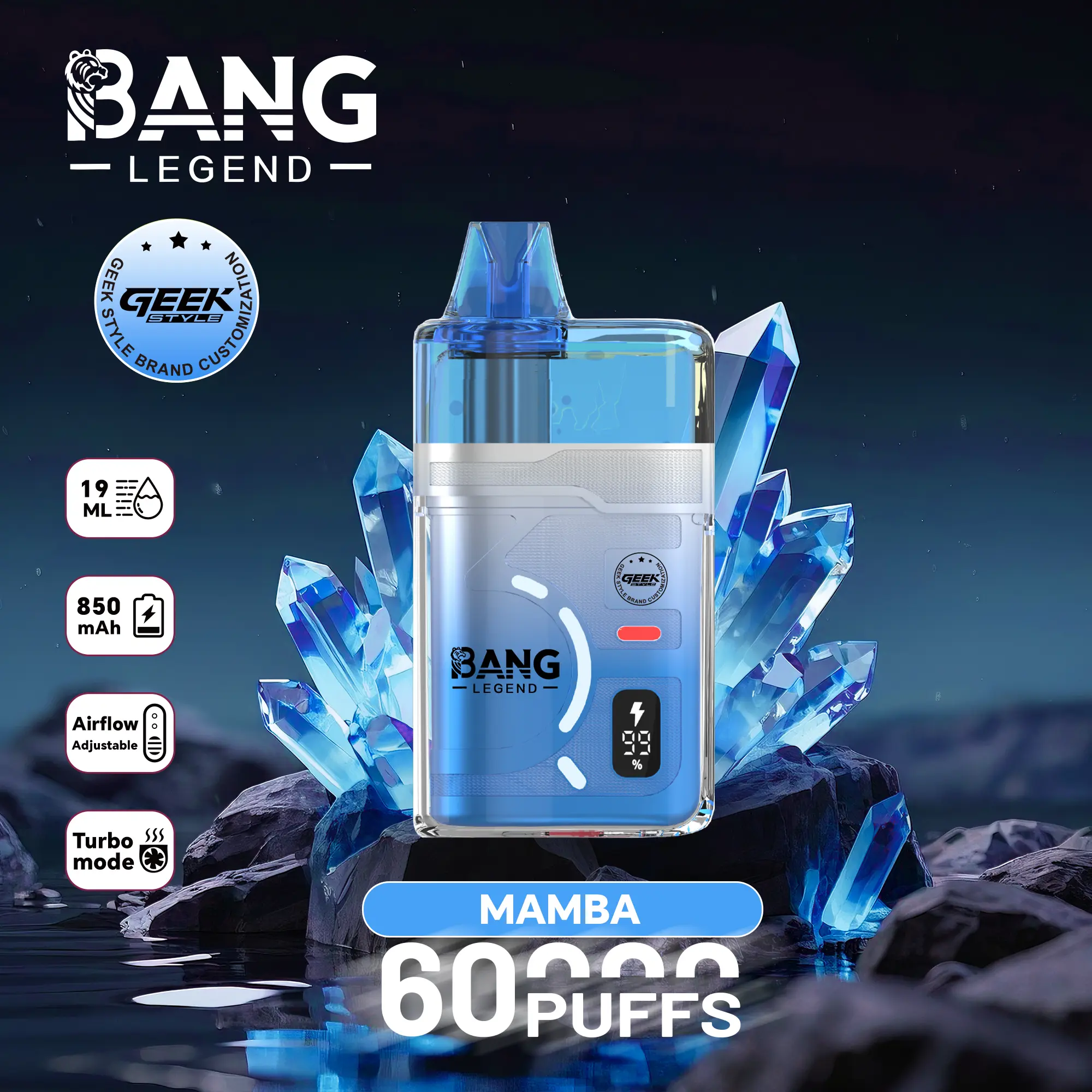 【New Arrive】Bang Legend Geek 60000 60K Puffs Airflow Adjustable & Turbo Mode Disposable Vape