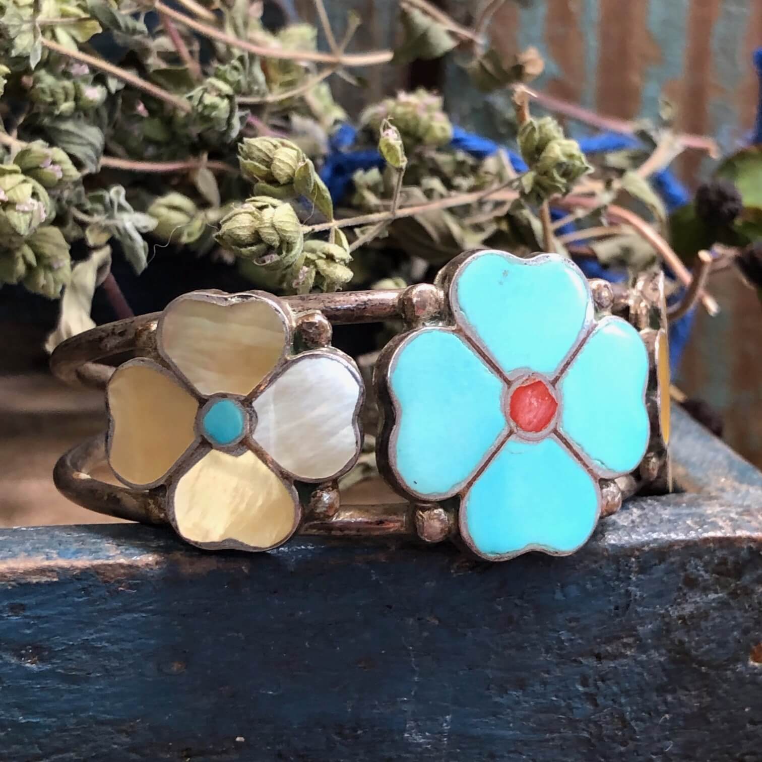 Zuni Triple Flower Turquoise Bracelet Sterling Silver