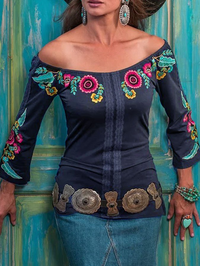 Black Long Sleeve Floral Off Shoulder Shirts & Tops