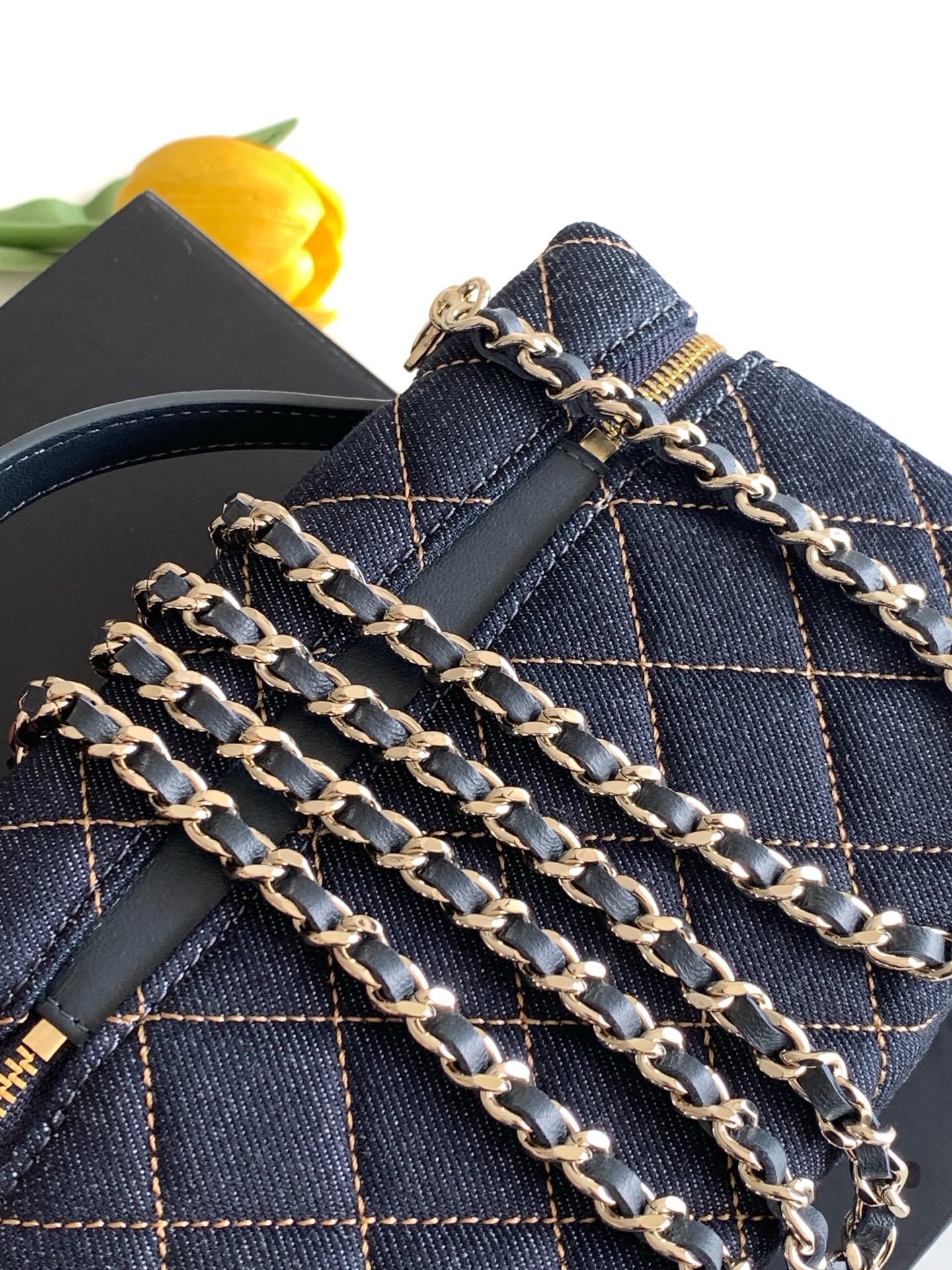 26P Pre-Collection Quilted Denim LP Top Handle Vanity Case in Dark Blue with Gold Hardware (Model AP4385) - Mocuir