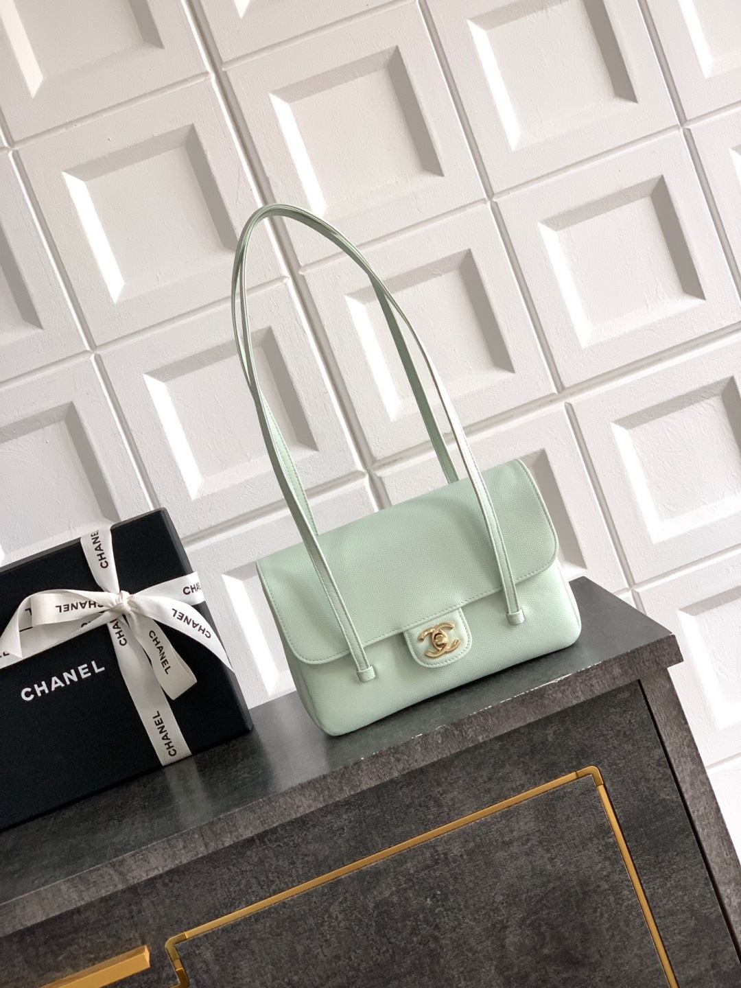 Preppy Coco Small Flap Bag (AS4818) in Light Green Grained Calfskin with Gold-Tone Hardware, 26P Pre-Fall Collection - Mocuir