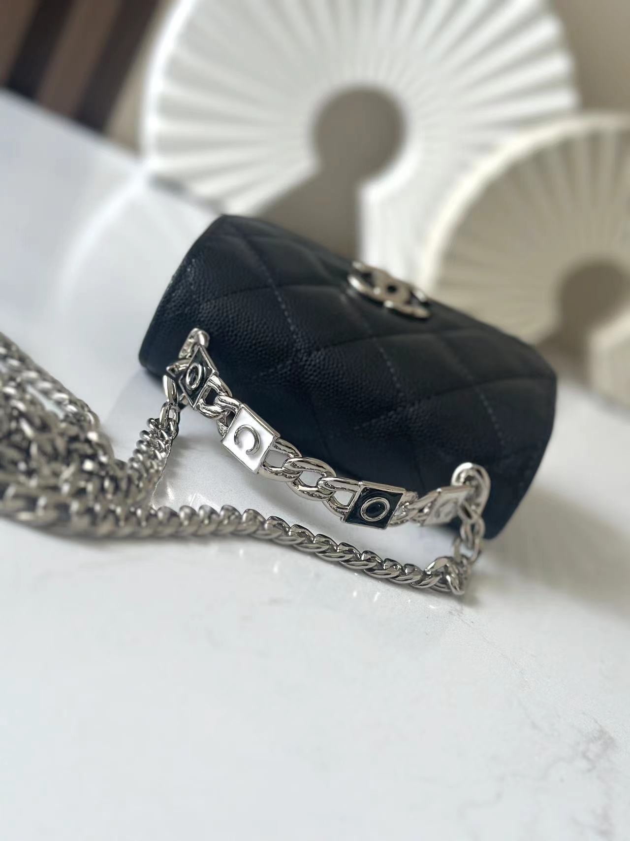 Classic Quilted Caviar Mini Flap Bag with Top Handle Chain in Black (Silver Hardware) - Mocuir