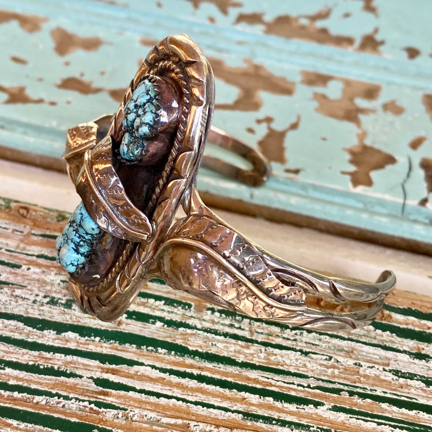 Navajo Cecil Lee Three Feather Bracelet with Spider Web Turquoise Sterling Silver