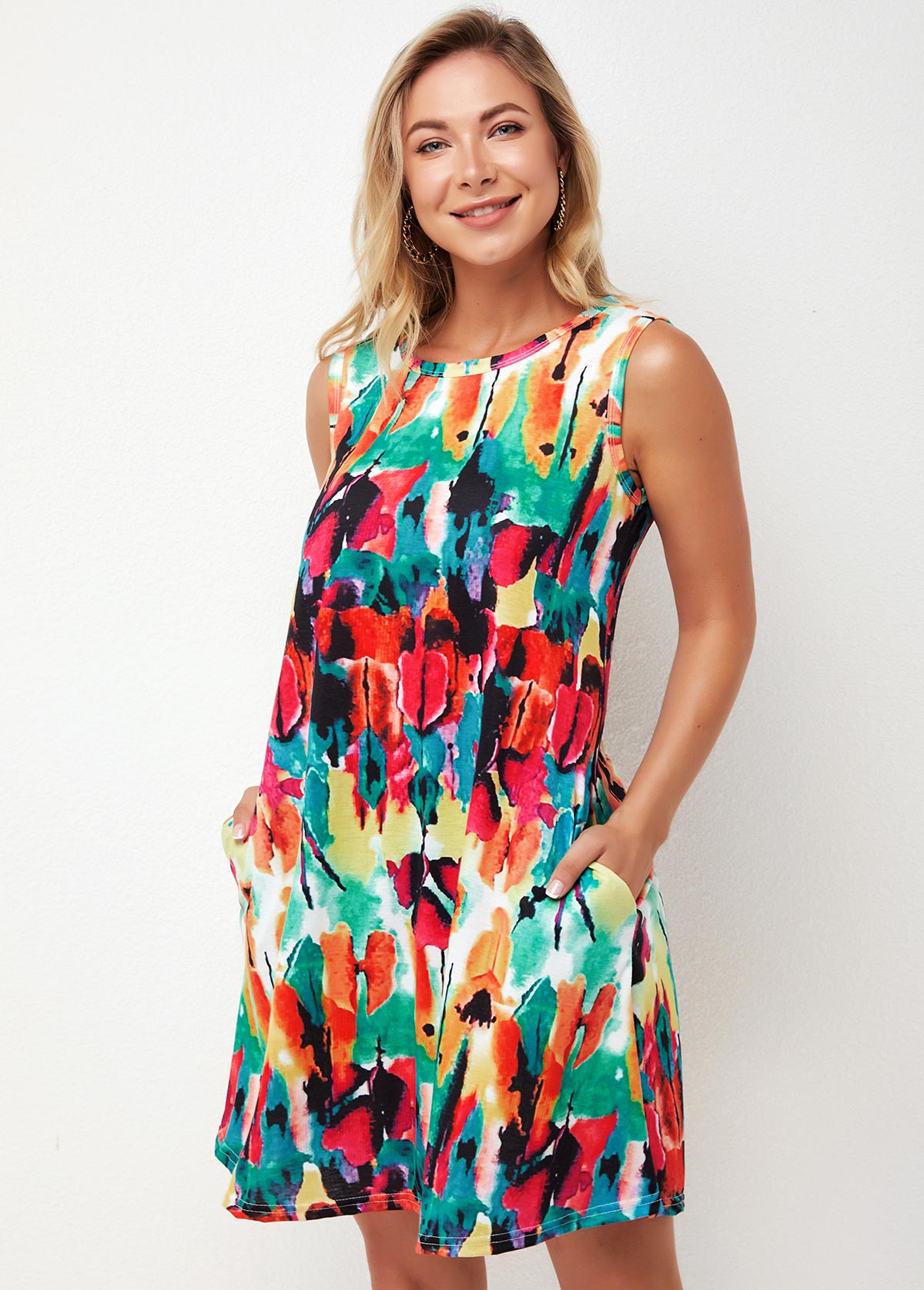 Printed Round Neck A Line Dress