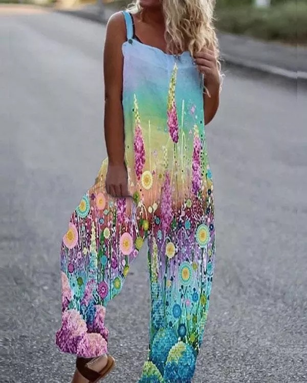 Women Linen Cotton Print Jumpsuit