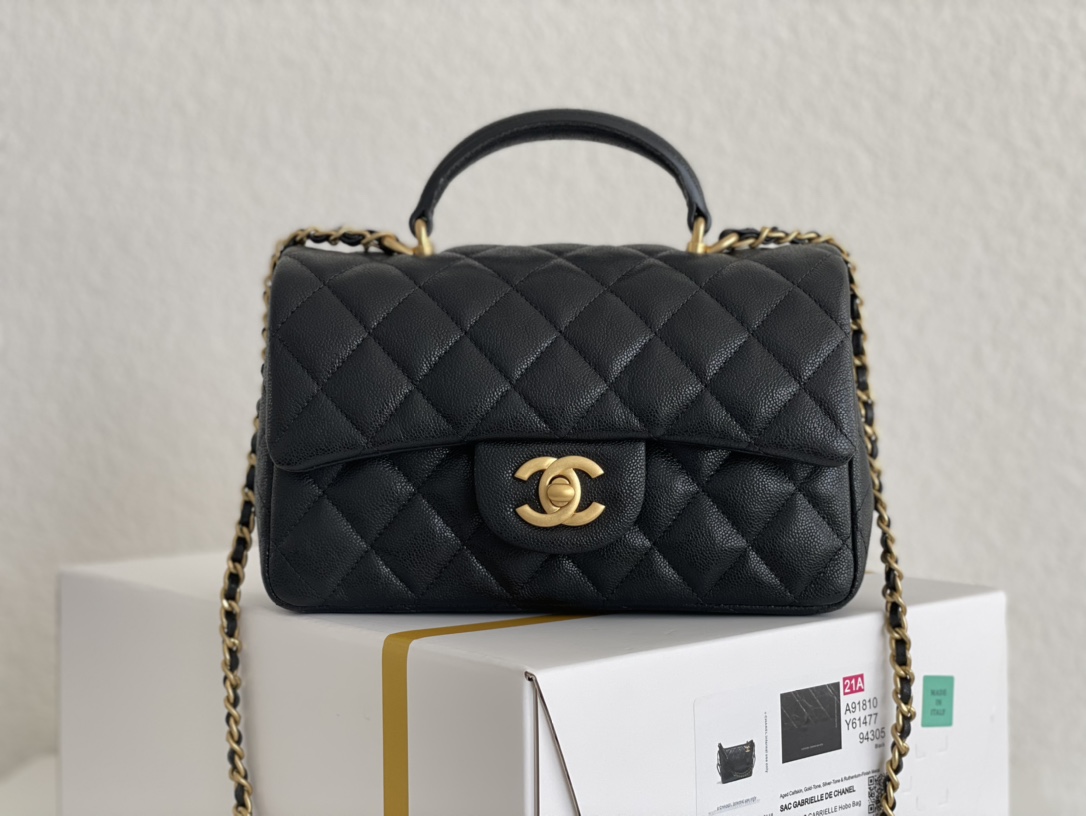 Classic Flap Mini Bag with Top Handle in Black Quilted Grained Calfskin (Caviar) with Gold-Tone Hardware - Mocuir
