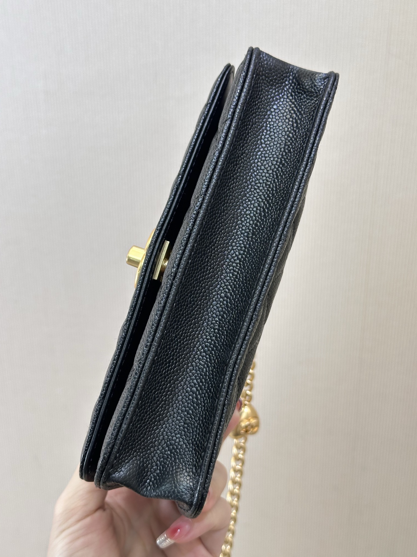 Classic Quilted Caviar Wallet on Chain with Heart Gold Ball in Black (Gold Hardware) - Mocuir