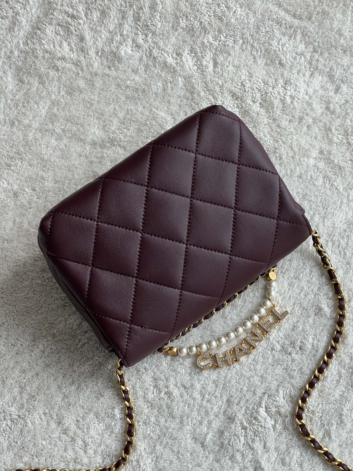 24A Mini Classic Flap Bag in Burgundy Quilted Lambskin with Pearl & Crystal CHANEL Letter Chain and Light Gold-Tone Hardware (AS4997) - Mocuir