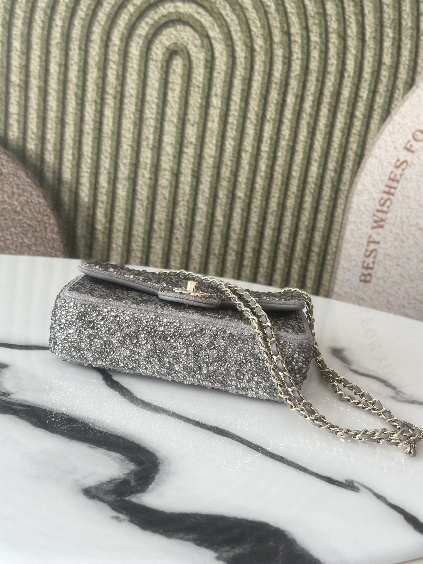 Classic Flap Mini Bag in Silver Grey Strass Crystal Embellished Suede (Gold Hardware) - Mocuir