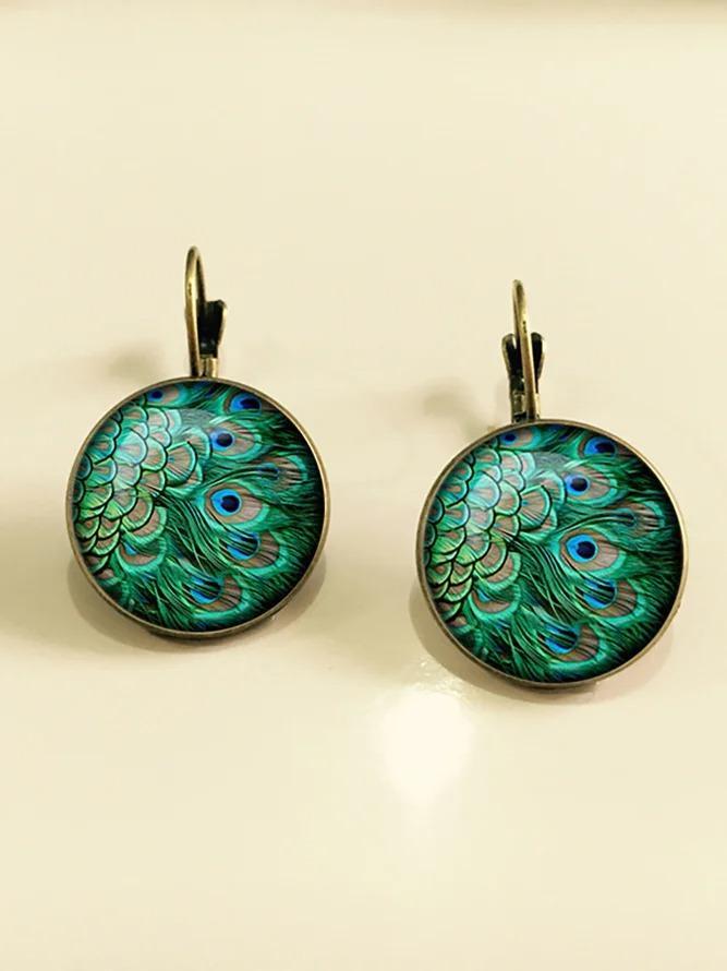 Vintage Peacock Feathers Pattern Earring Bohemian Bronze Time Gem Cabochon Dangle Earring