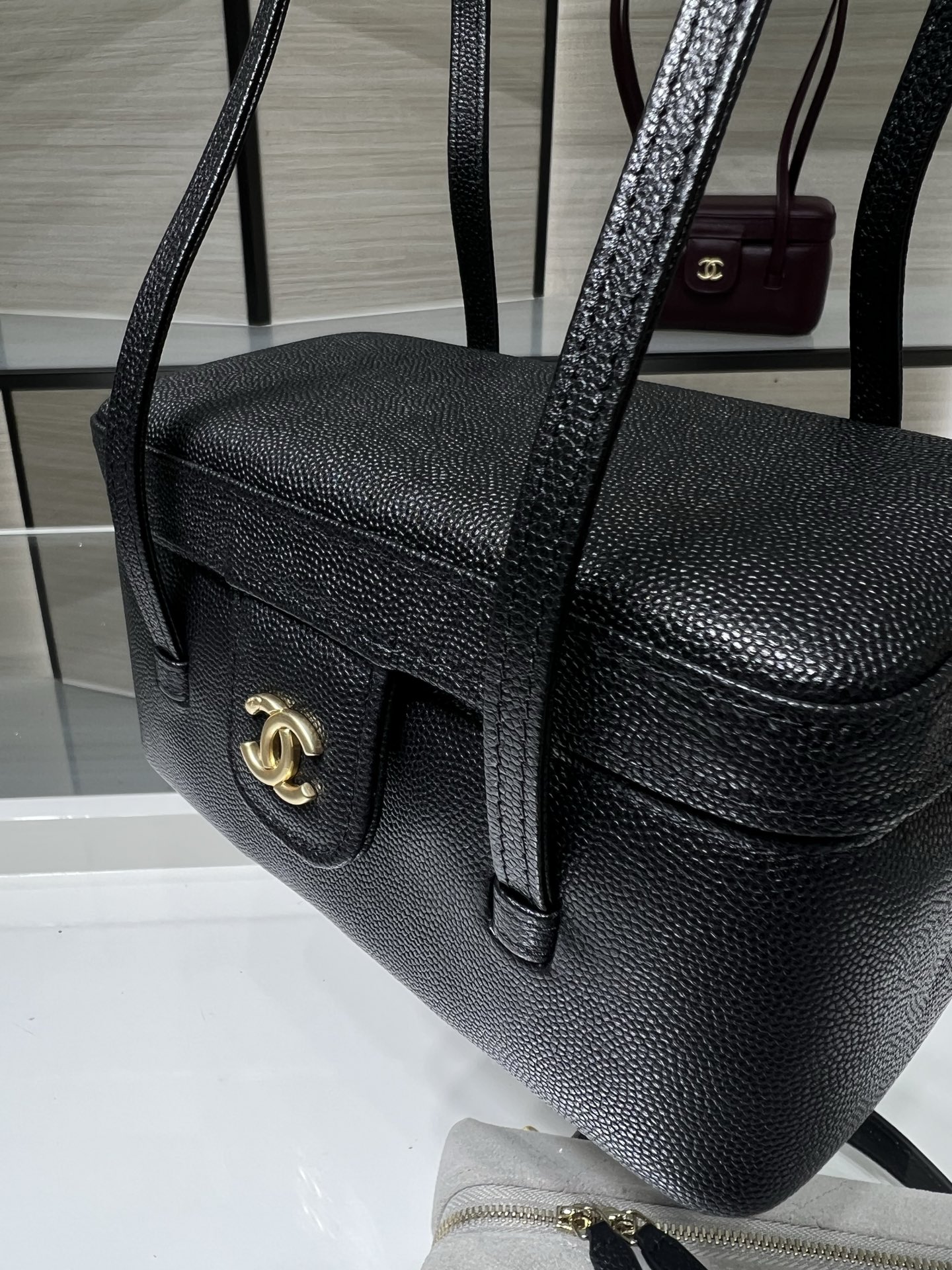 26P Preppy Coco Black Quilted Caviar Leather Long Vanity Handbag with Gold-Tone Hardware - Mocuir