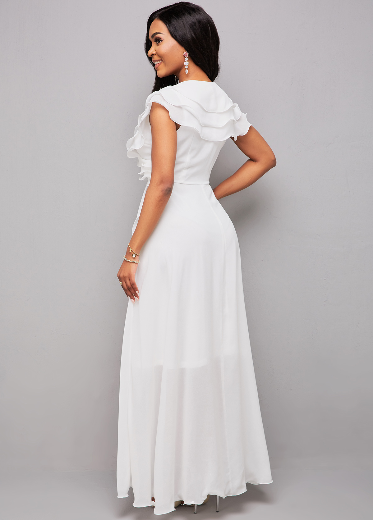 Flounce Asymmetric Hem V Neck Maxi Dress