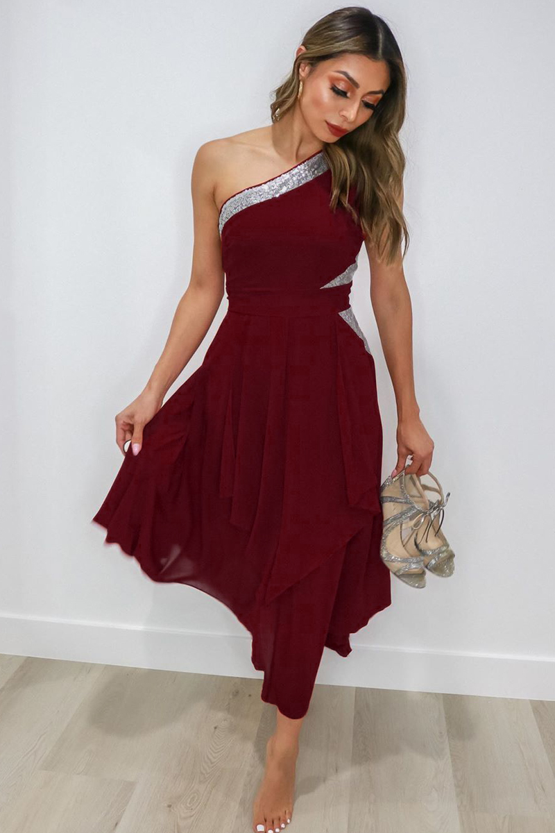High Waist One Shoulder Asymmetric Hem Dress