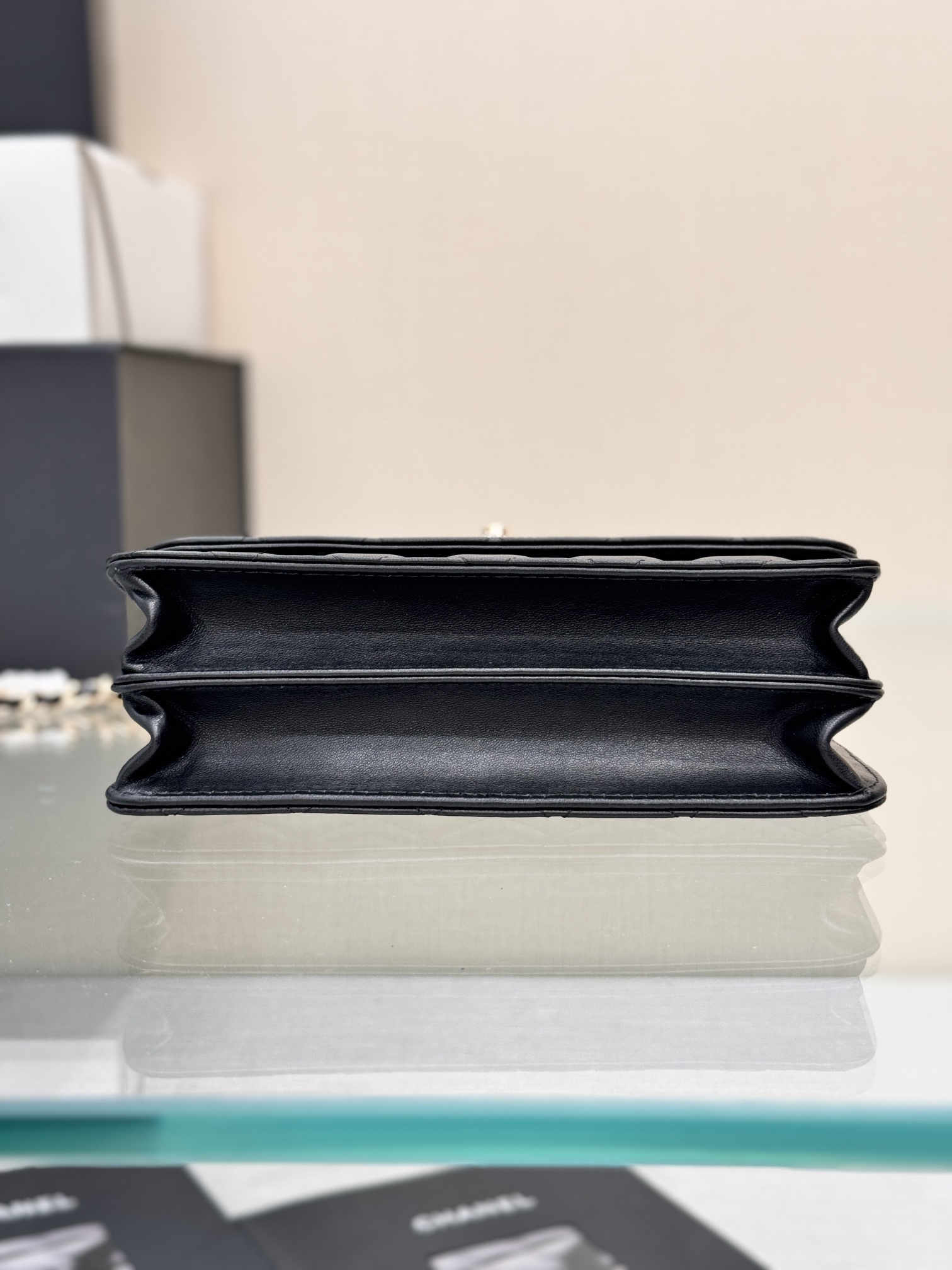 Wallet on Chain (WOC) with Crystal-Embellished Handle in Black Quilted Lambskin with Gold-Tone Hardware - Mocuir