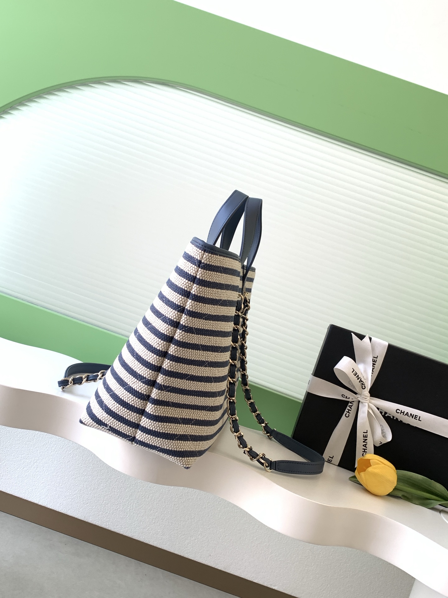 Deauville Large Striped Canvas Tote Bag in Navy Blue with Gold-Tone Hardware - Mocuir