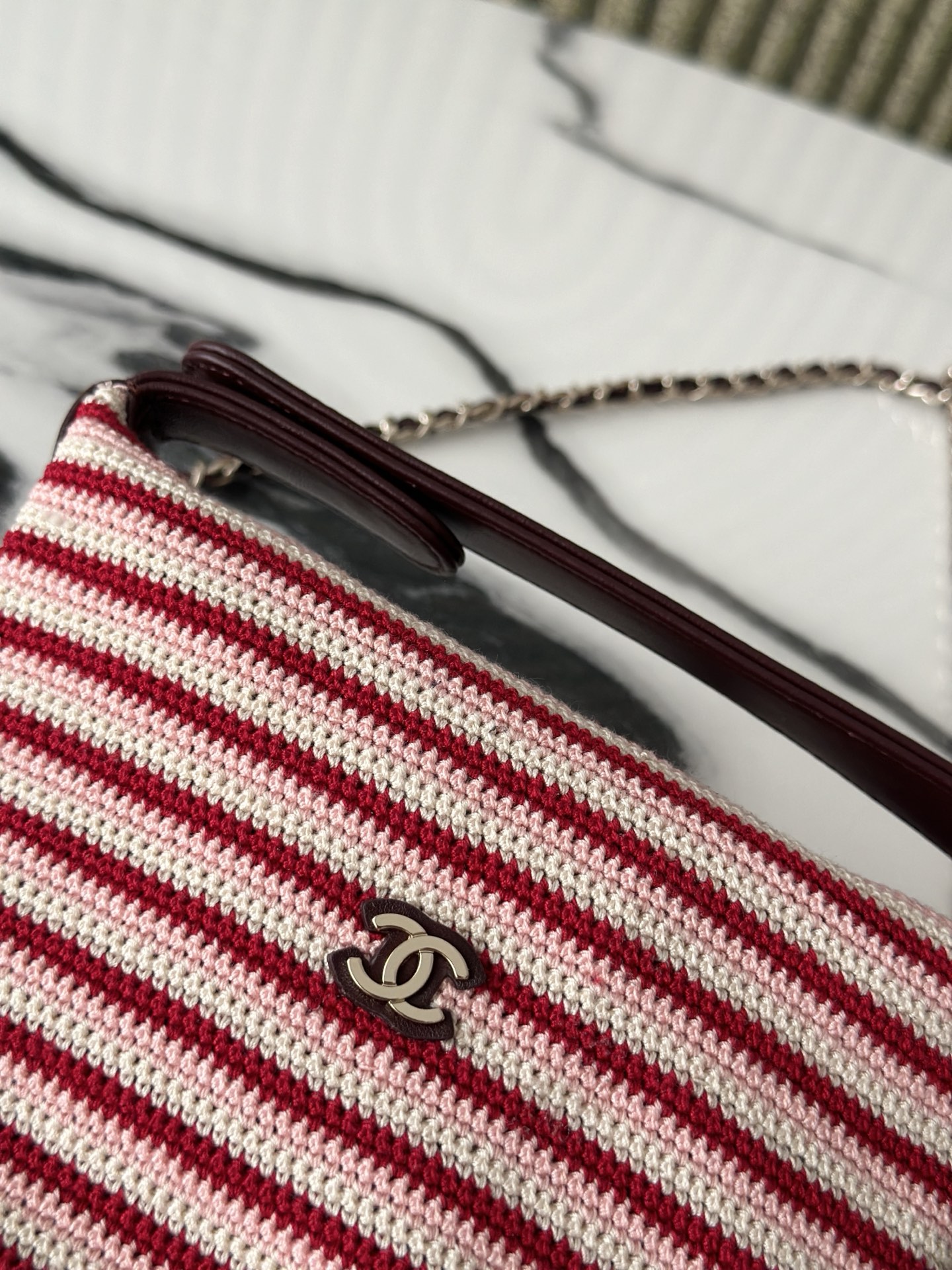 26P Cruise Mini Hobo Pouch with Chain in RedPinkWhite Striped Crochet and Lambskin with Light Gold-Tone Hardware - Mocuir