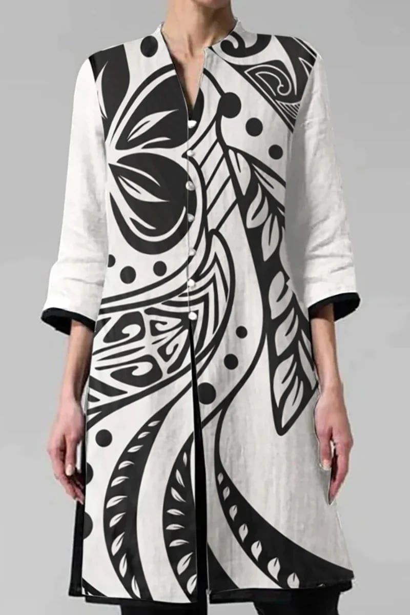 V Neck Button Vp Three Quarter Sleeve Print Casual Linen Shirt Cardigan