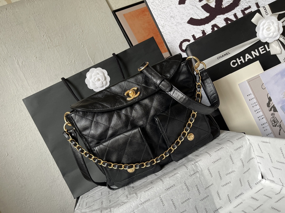 Large Hobo Bag (AS4668) in Black Shiny Calfskin with Gold-Tone Hardware, 24P Pre-Fall Collection - Mocuir