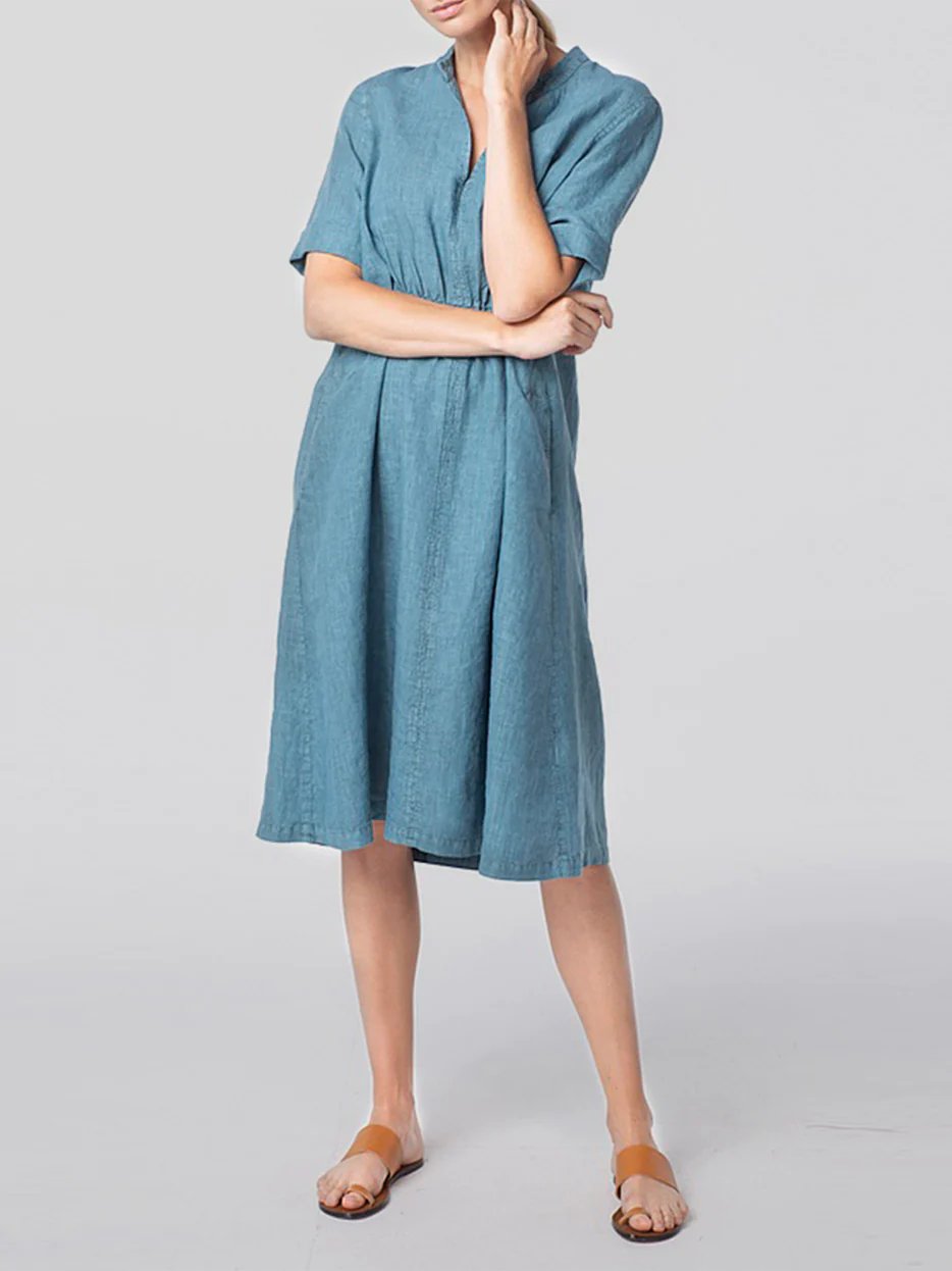Cotton-Linen V-neck Elastic Waistband Dress