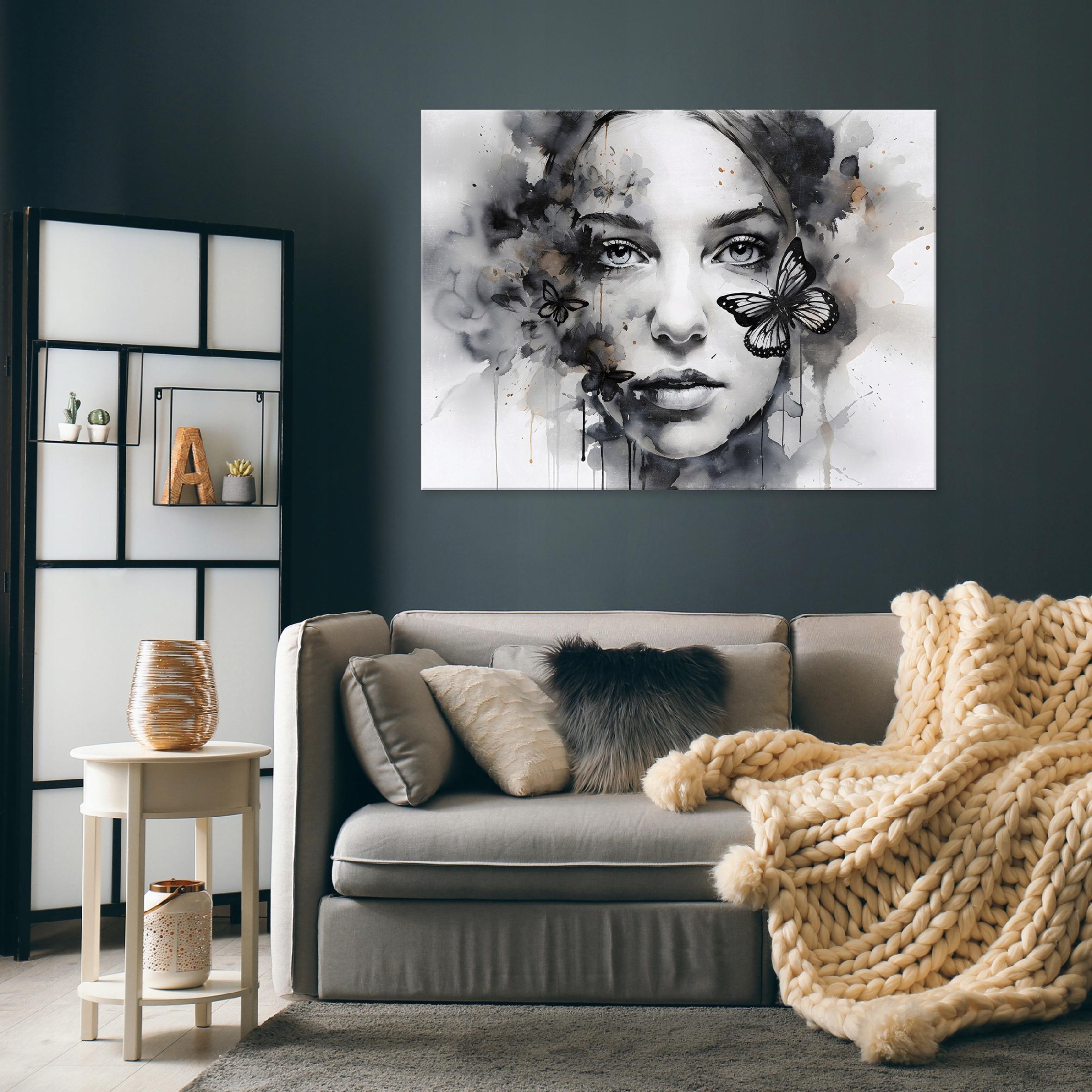 Watercolor painting of a woman's face with butterflies, for the bedroom or living room, on canvas, 40x30