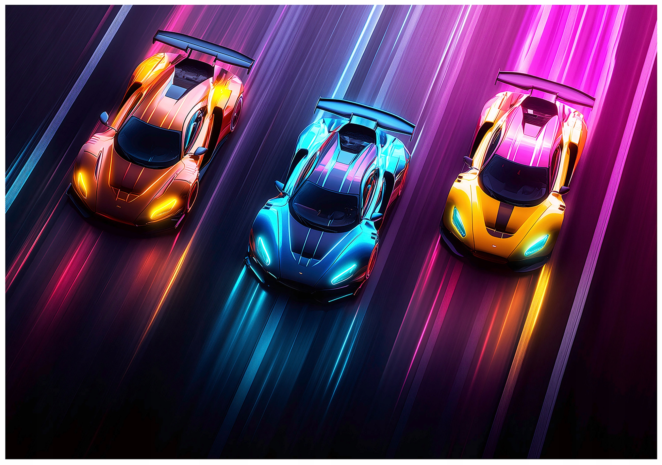 Wall mural for children, racing cars, neon, non-woven wallpaper,