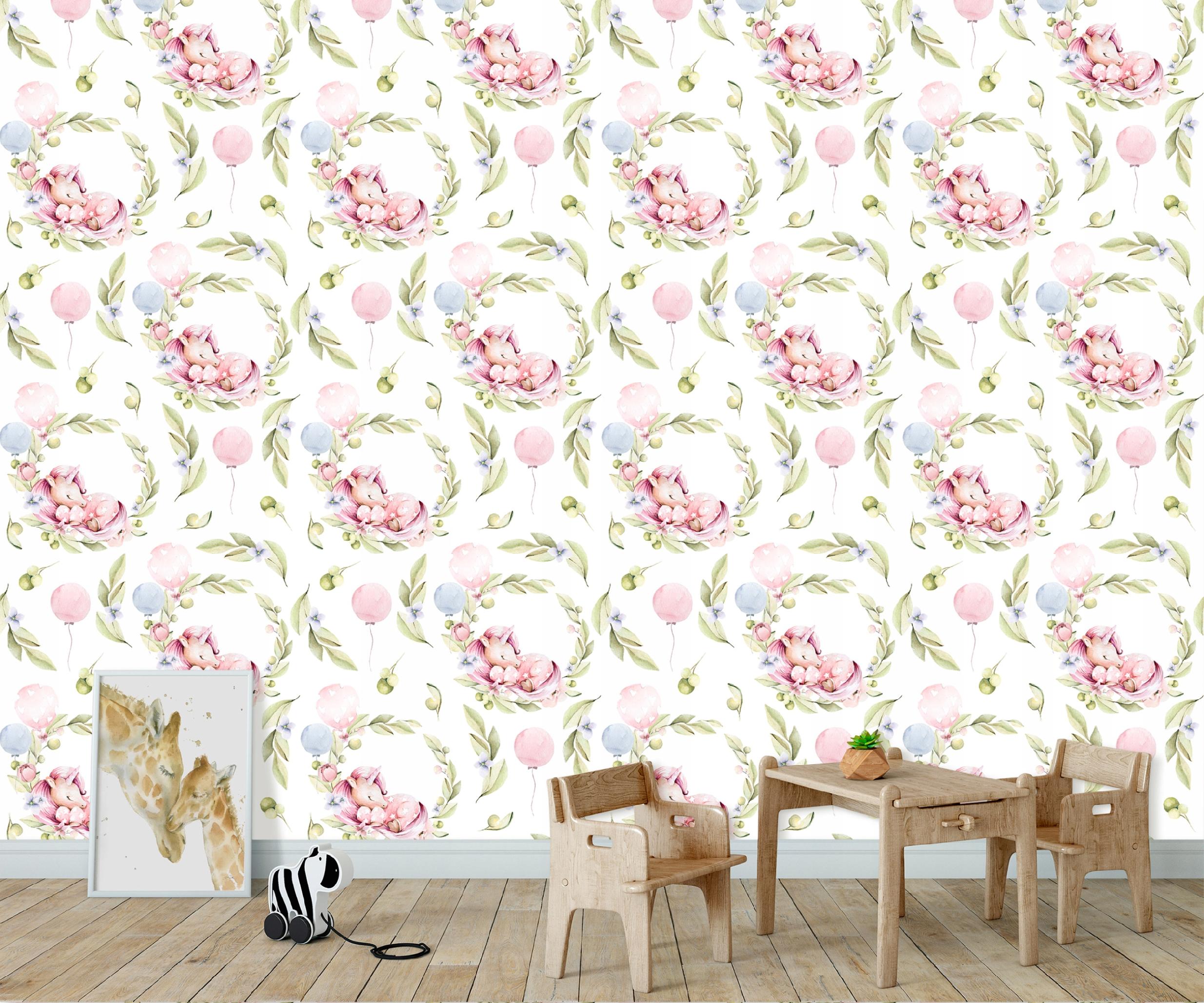 Non-woven wallpaper for a girl's room featuring unicorns, roll