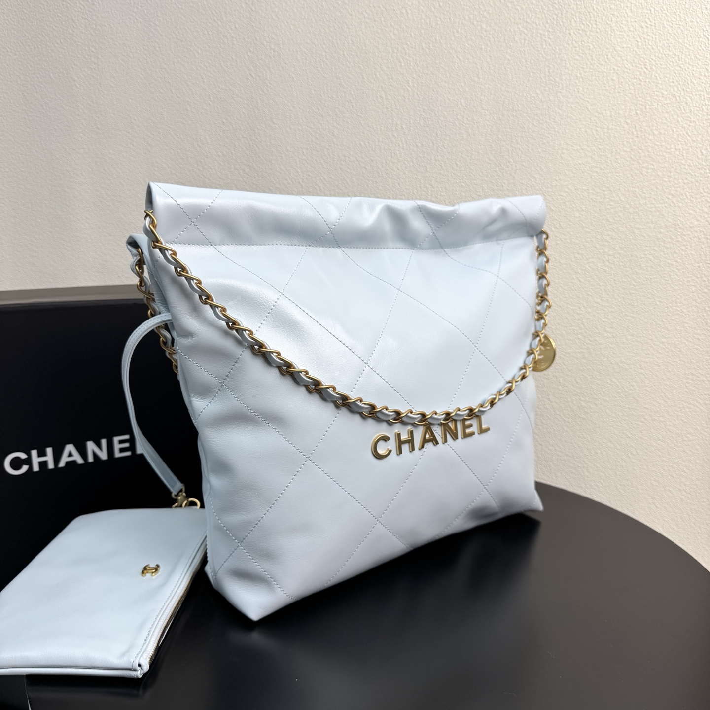 22 Bag Quilted Shiny Calfskin in Light Blue (Gold Hardware) - Mocuir