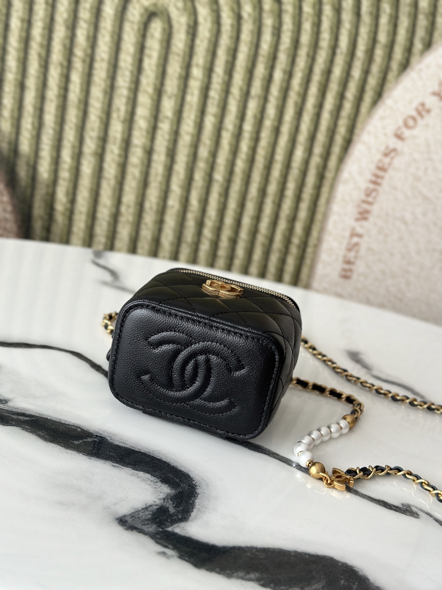 Mini Vanity Case with Pearl Chain (AP3940) in Black Caviar Leather with Gold-Tone Hardware - Mocuir